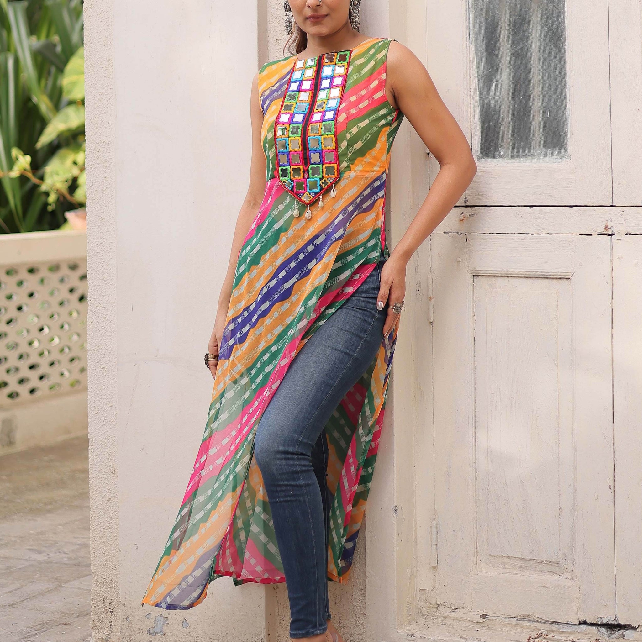 Amazeballs Multi-Color Bandhej Print Georgette Festive Wear Long Kurti - Zeel Clothing