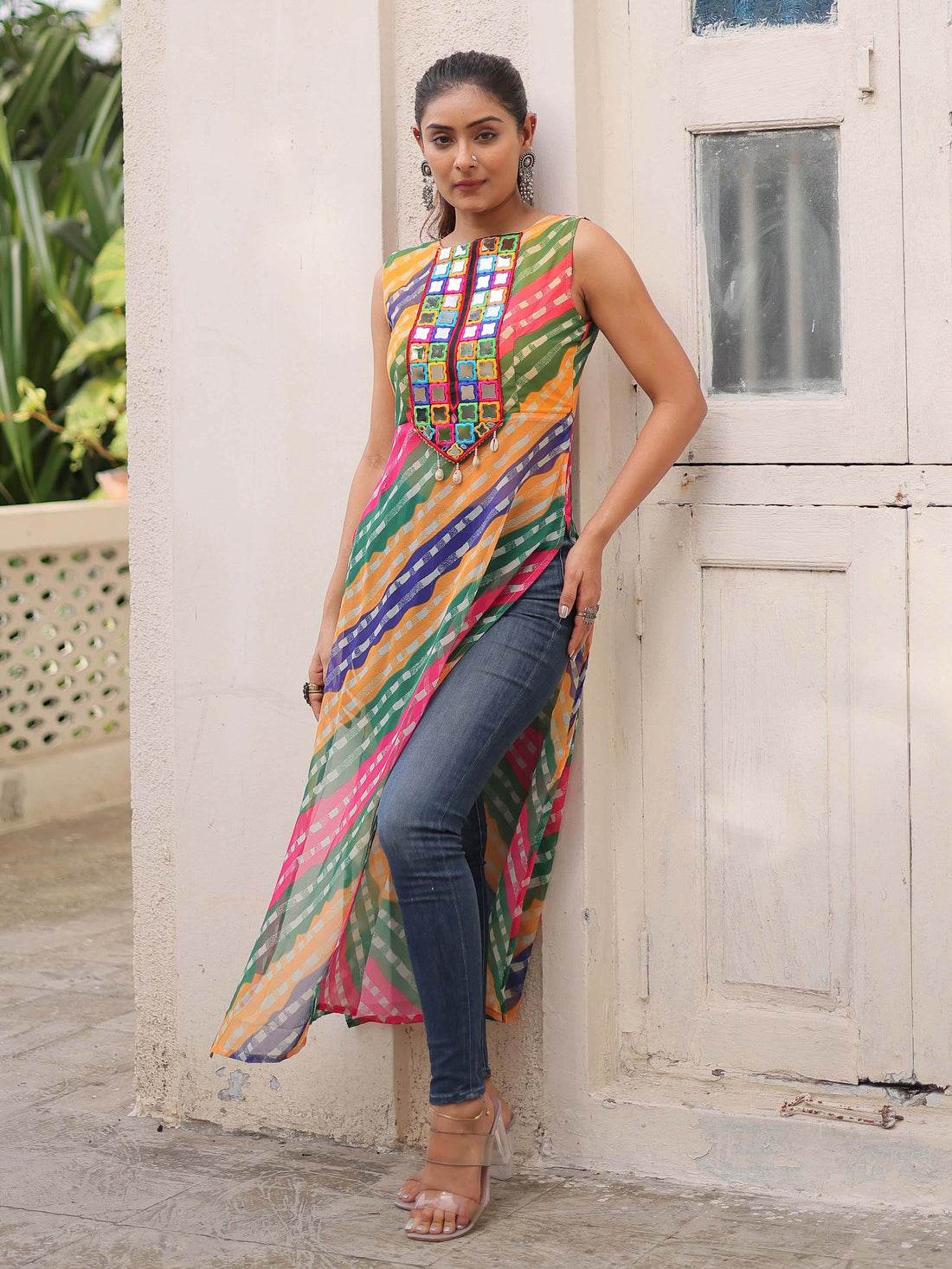 Amazeballs Multi-Color Bandhej Print Georgette Festive Wear Long Kurti - Zeel Clothing