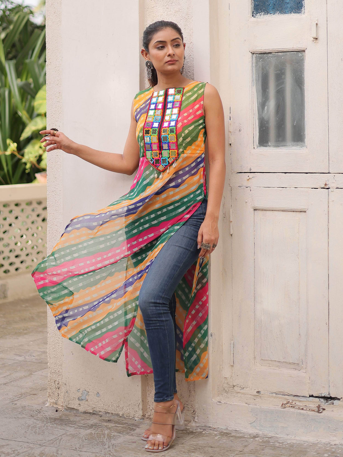 Amazeballs Multi-Color Bandhej Print Georgette Festive Wear Long Kurti - Zeel Clothing