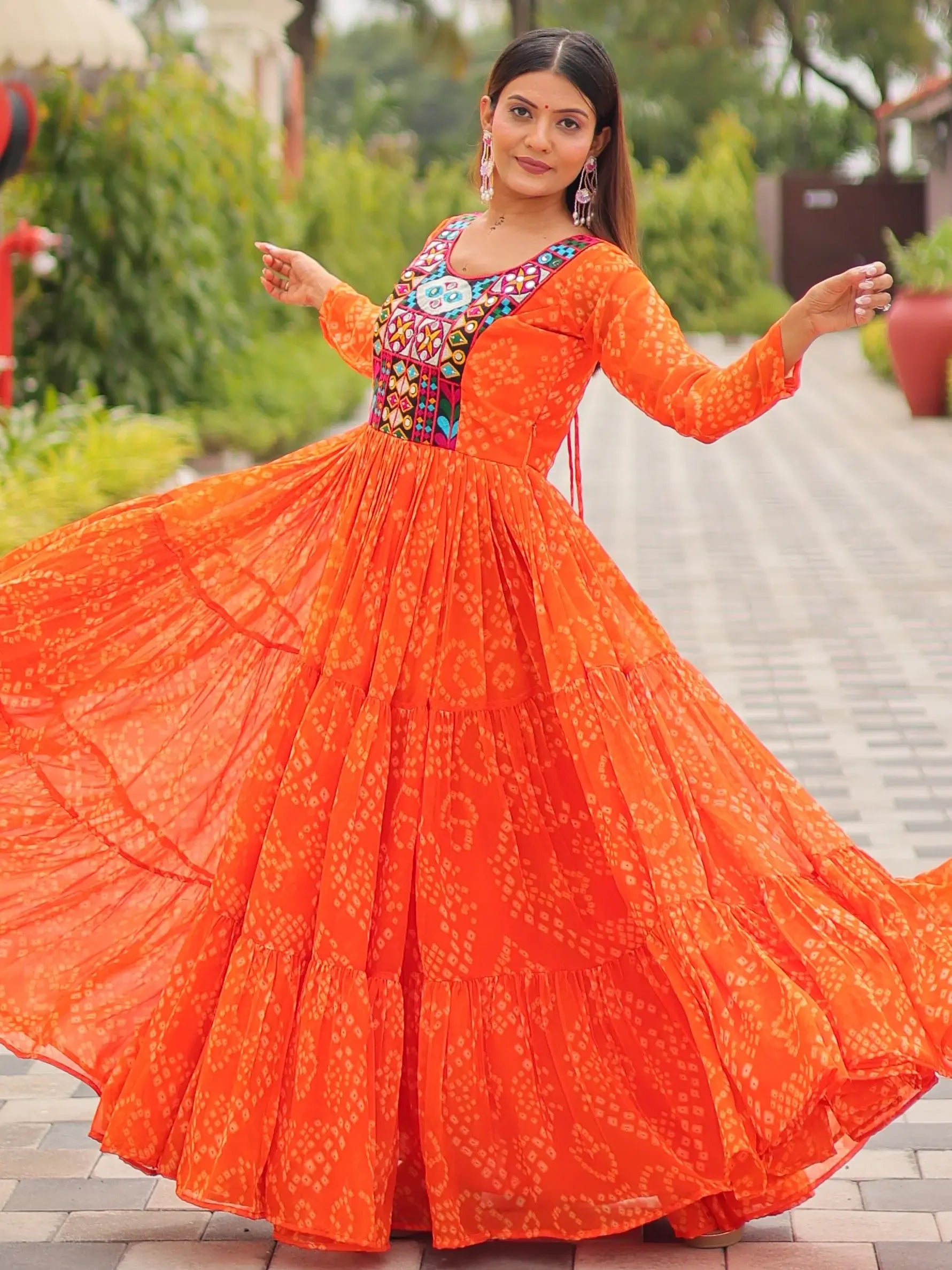Amazeballs Orange Gamthi Work Georgette Navratri Special Gown - Zeel Clothing