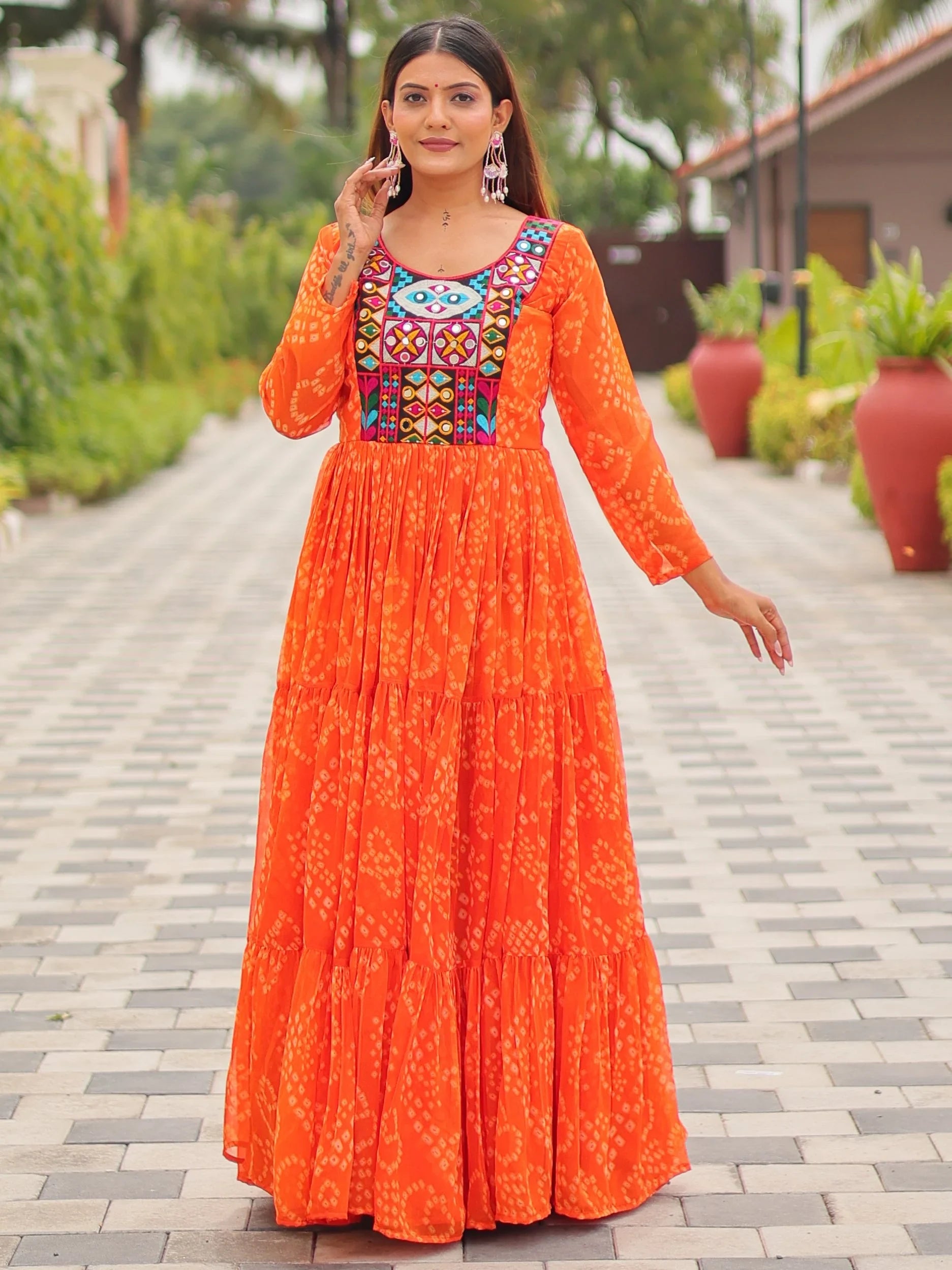 Amazeballs Orange Gamthi Work Georgette Navratri Special Gown - Zeel Clothing