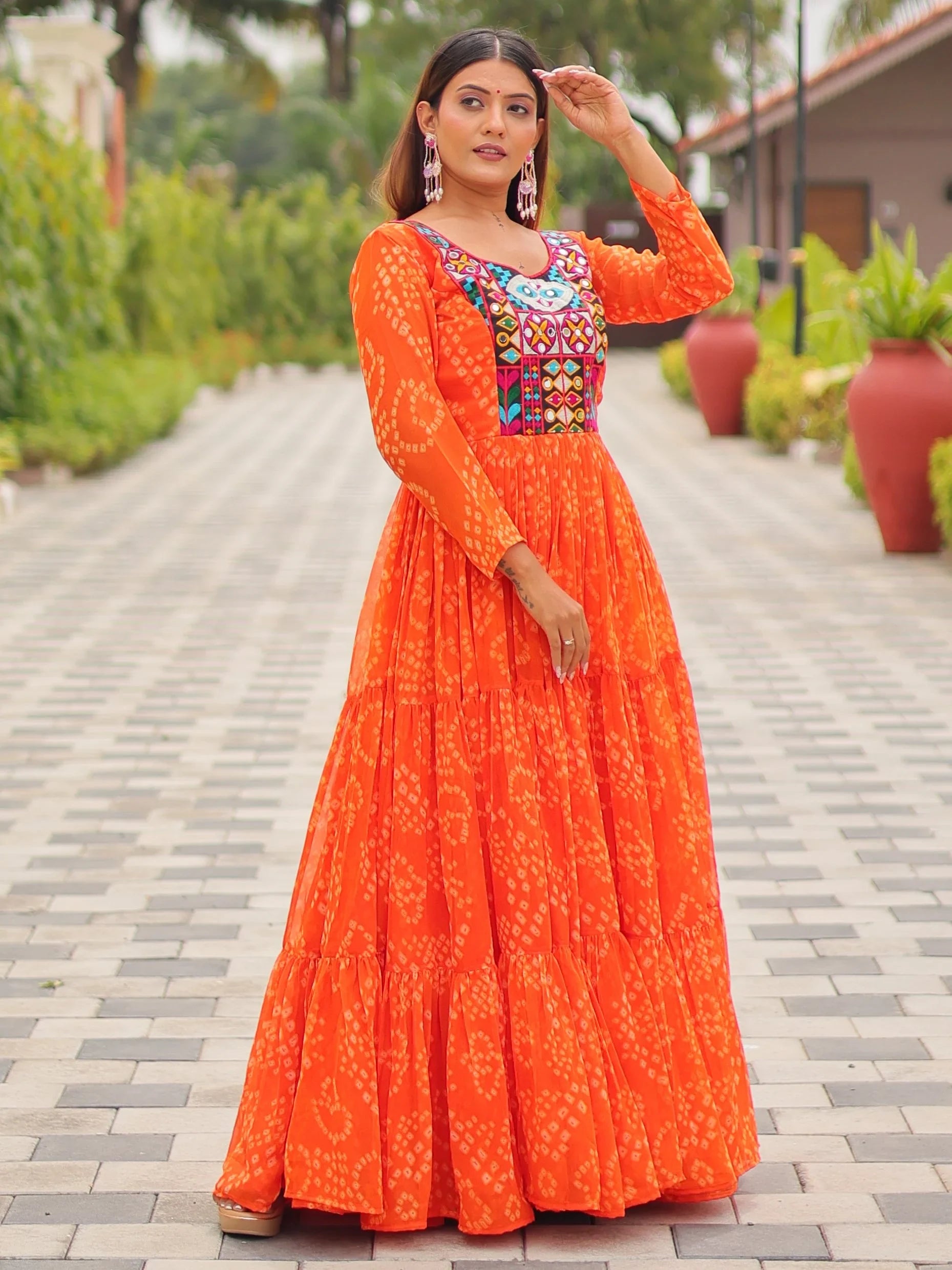 Amazeballs Orange Gamthi Work Georgette Navratri Special Gown - Zeel Clothing