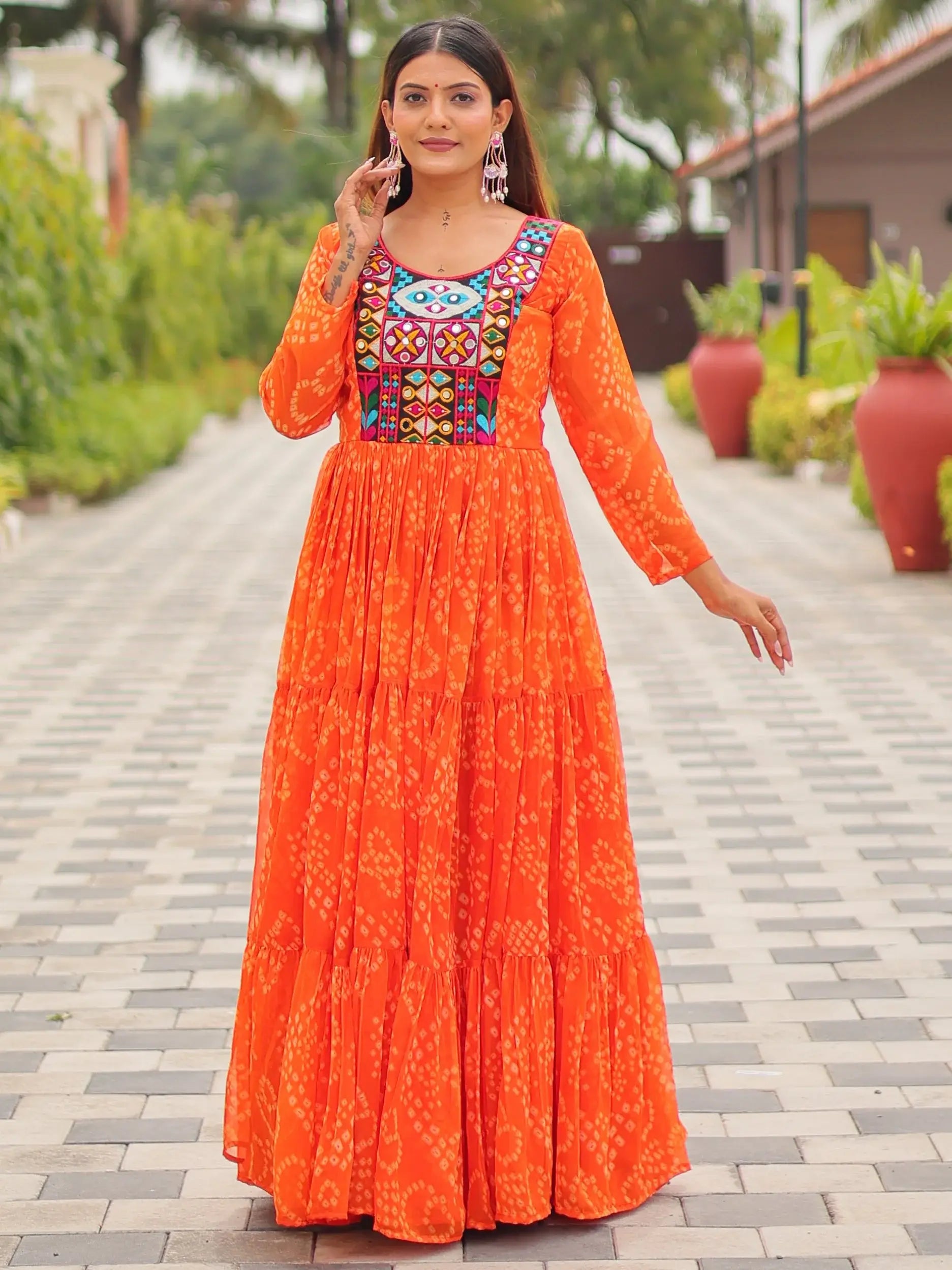 Amazeballs Orange Gamthi Work Georgette Navratri Special Gown - Zeel Clothing