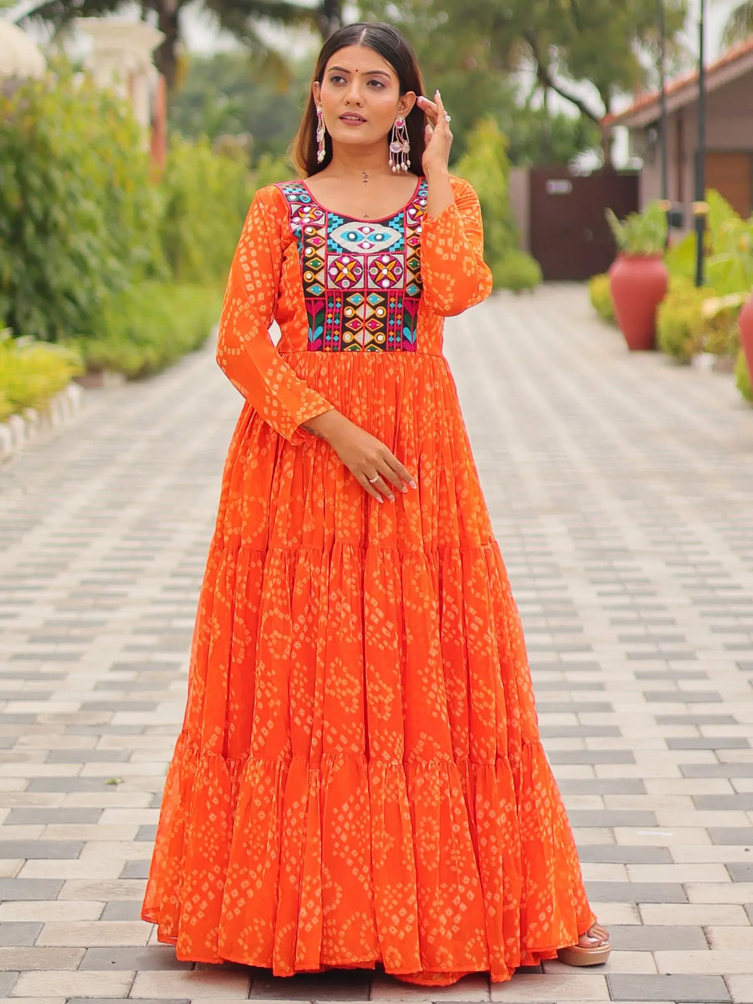 Amazeballs Orange Gamthi Work Georgette Navratri Special Gown - Zeel Clothing
