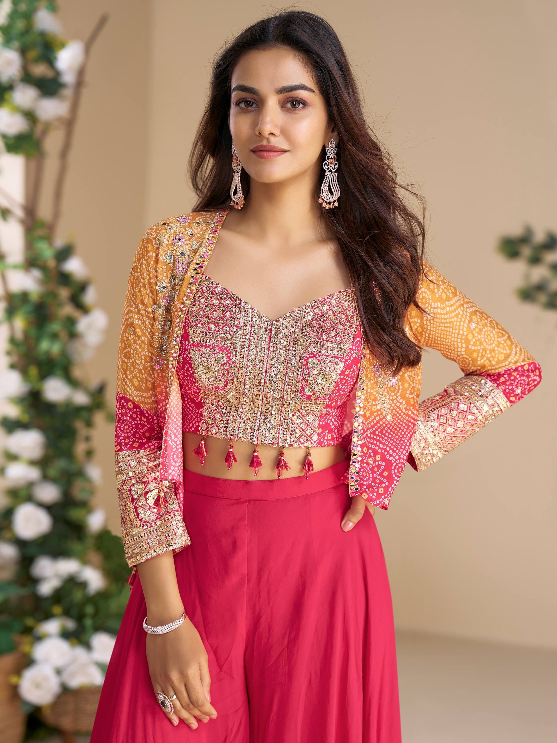 Amazeballs Pink Bead Work Georgette Crop Top Palazzo With Jacket - Zeel Clothing