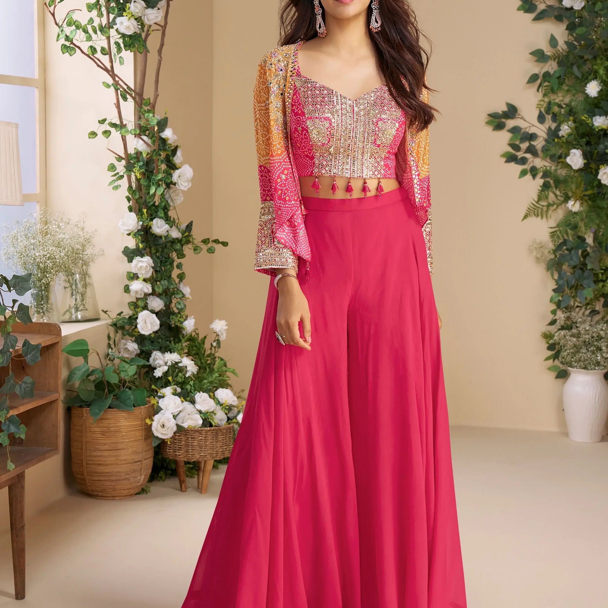 Amazeballs Pink Bead Work Georgette Crop Top Palazzo With Jacket - Zeel Clothing