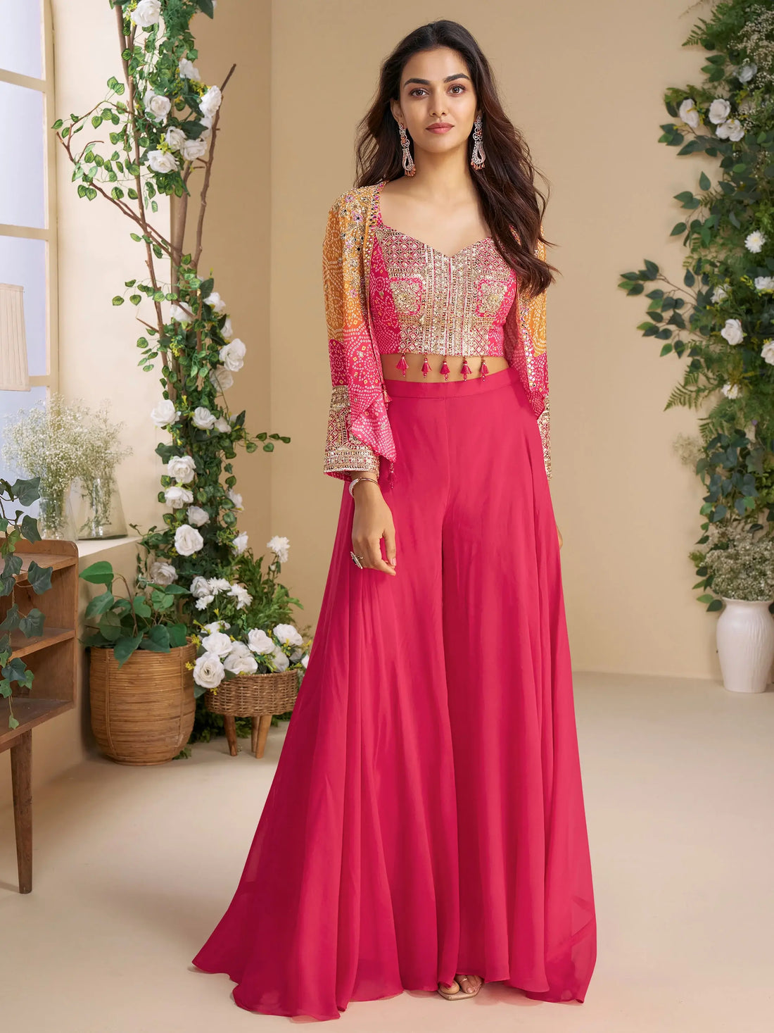 Amazeballs Pink Bead Work Georgette Crop Top Palazzo With Jacket - Zeel Clothing