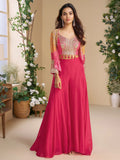 Amazeballs Pink Bead Work Georgette Crop Top Palazzo With Jacket - Zeel Clothing