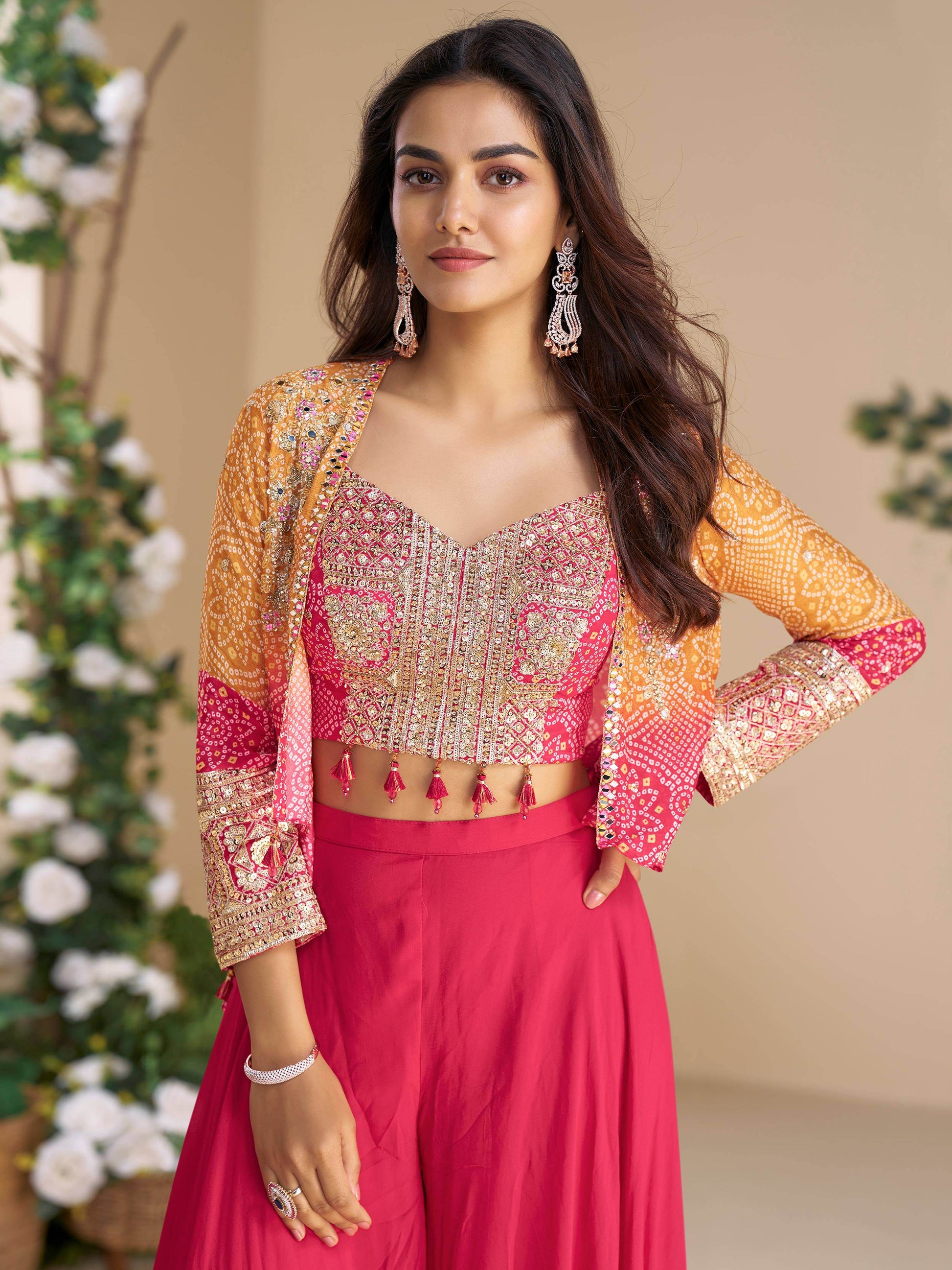 Amazeballs Pink Bead Work Georgette Crop Top Palazzo With Jacket - Zeel Clothing