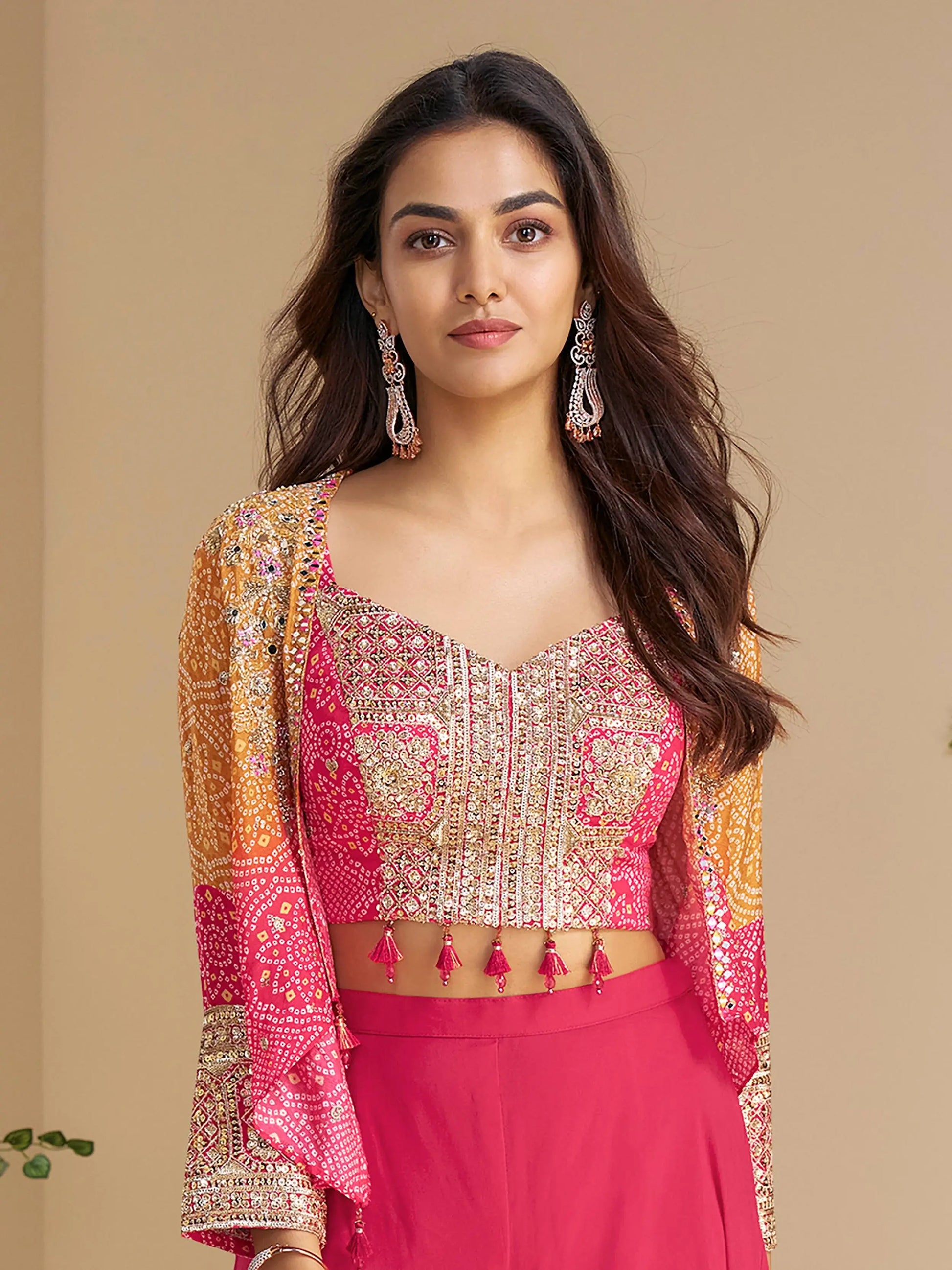 Amazeballs Pink Bead Work Georgette Crop Top Palazzo With Jacket - Zeel Clothing