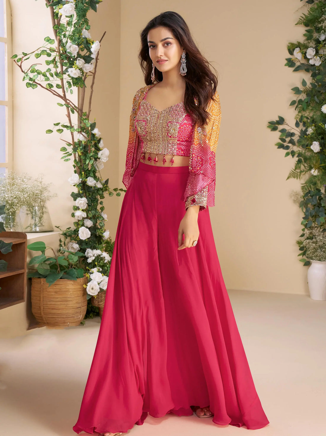 Amazeballs Pink Bead Work Georgette Crop Top Palazzo With Jacket - Zeel Clothing
