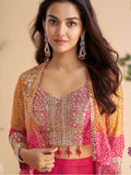 Amazeballs Pink Bead Work Georgette Crop Top Palazzo With Jacket - Zeel Clothing