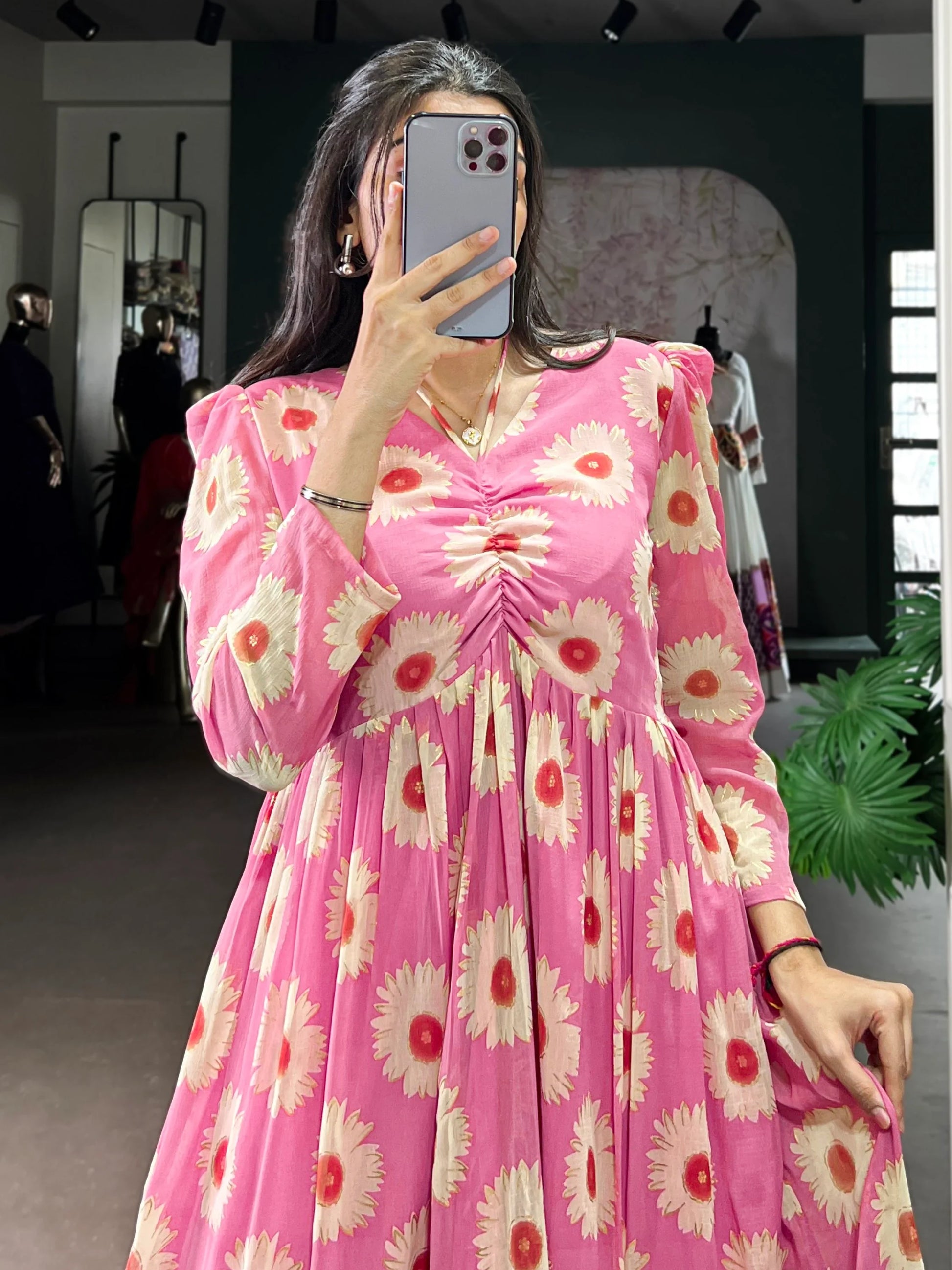 Amazeballs Pink Foil Printed Georgette Western Wear Dress