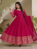 Amazeballs Pink Zari Embroidery Silk Engagement Wear Gown With Dupatta