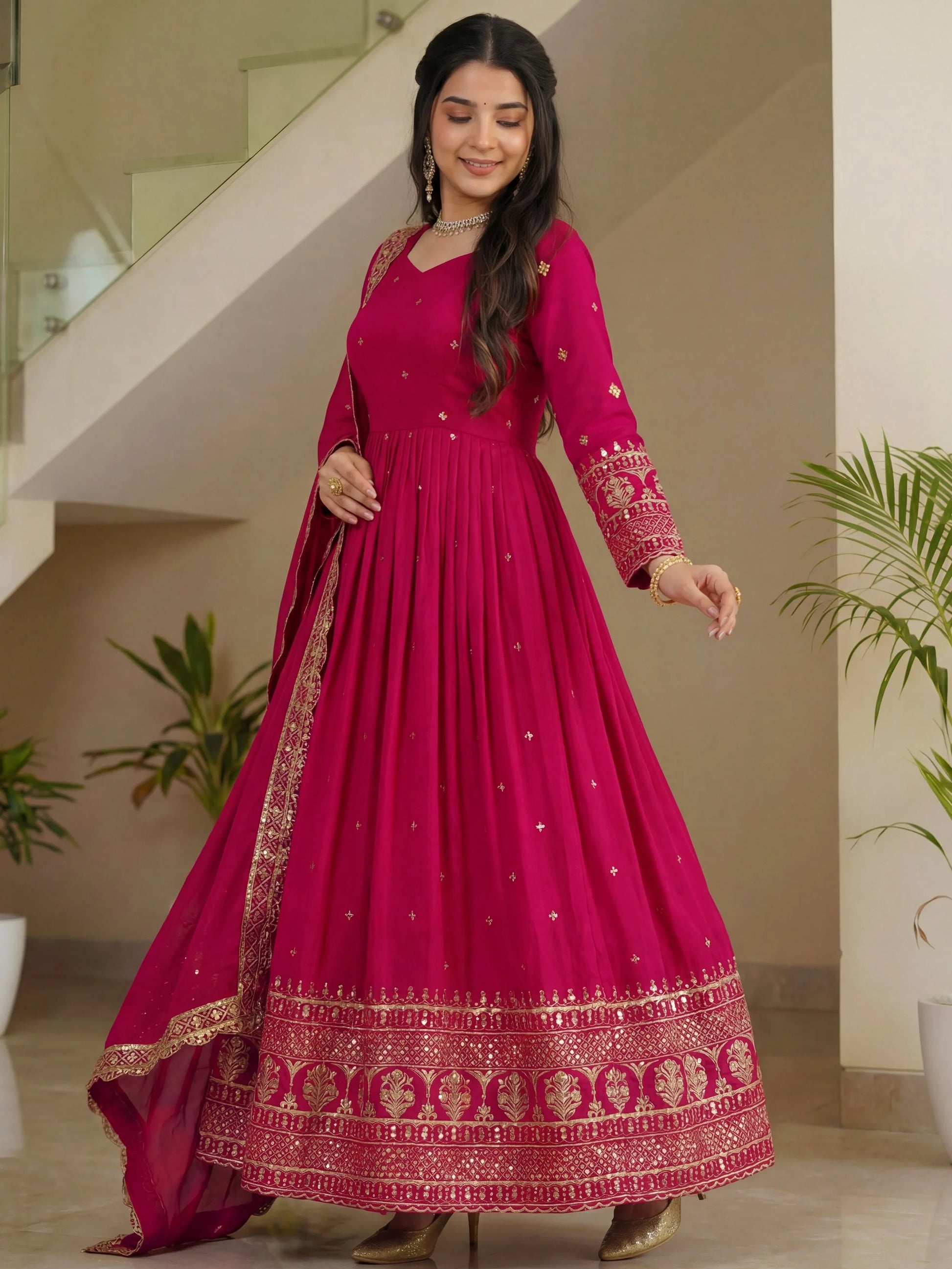 Amazeballs Pink Zari Embroidery Silk Engagement Wear Gown With Dupatta