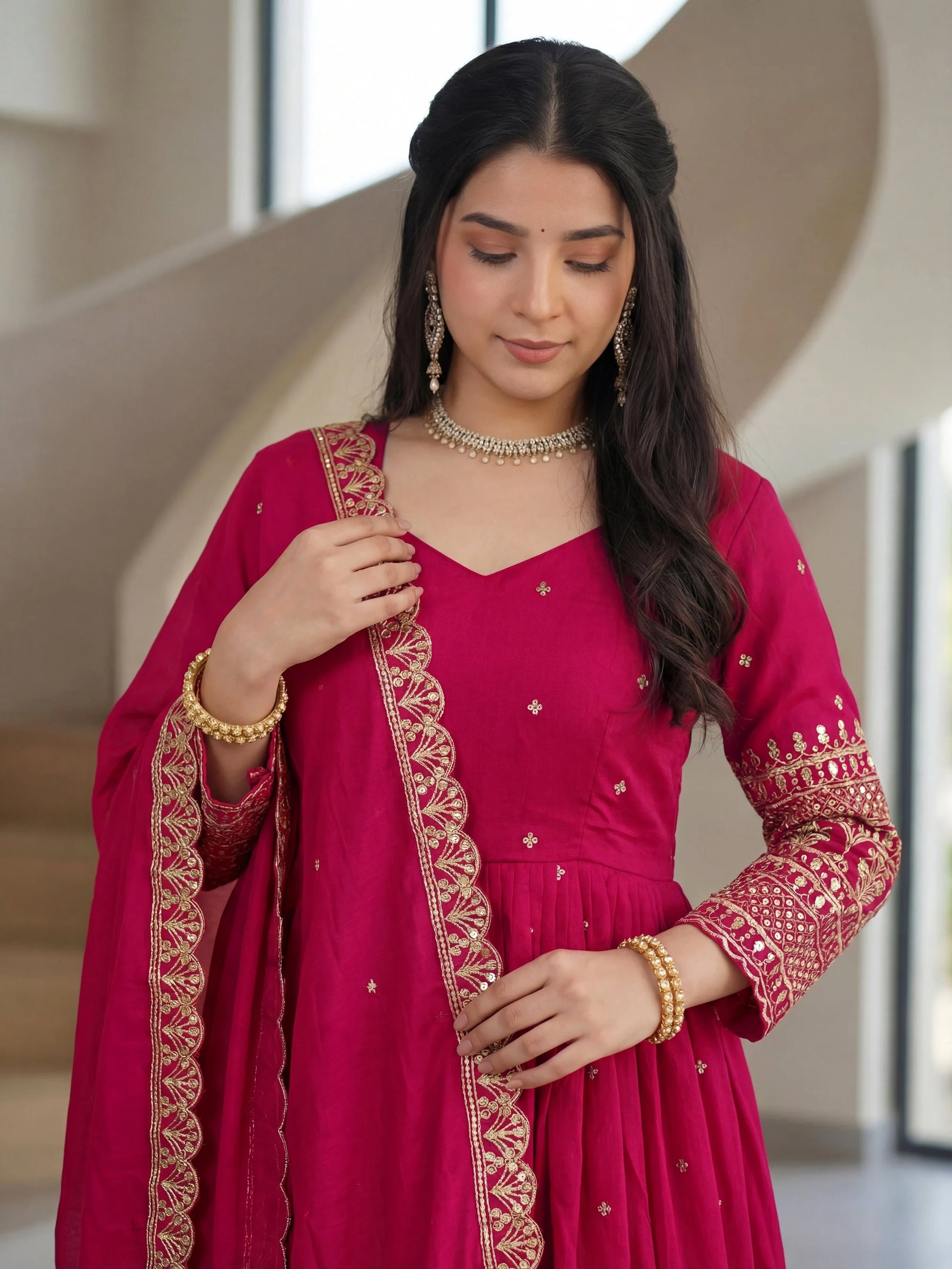 Amazeballs Pink Zari Embroidery Silk Engagement Wear Gown With Dupatta