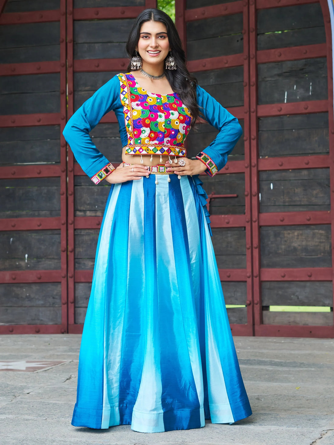 Amazeballs Sky-Blue Chinon Lehenga With Kutchi Embroidery Blouse - Zeel Clothing