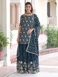 Amazeballs Teal Blue Embroidered Georgette Marraige Wear Sharara Suit With Dupatta