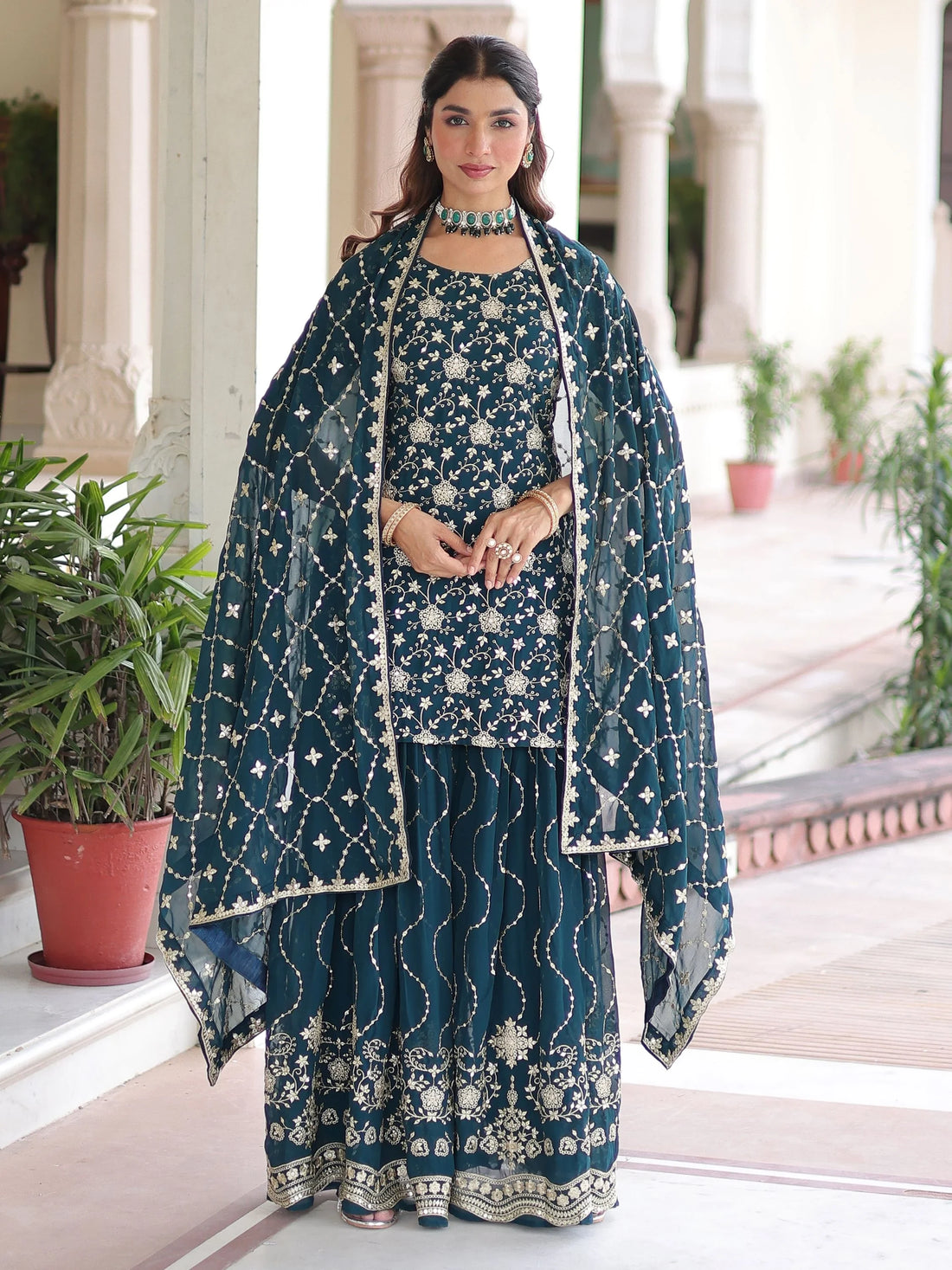 Amazeballs Teal Blue Embroidered Georgette Marraige Wear Sharara Suit With Dupatta