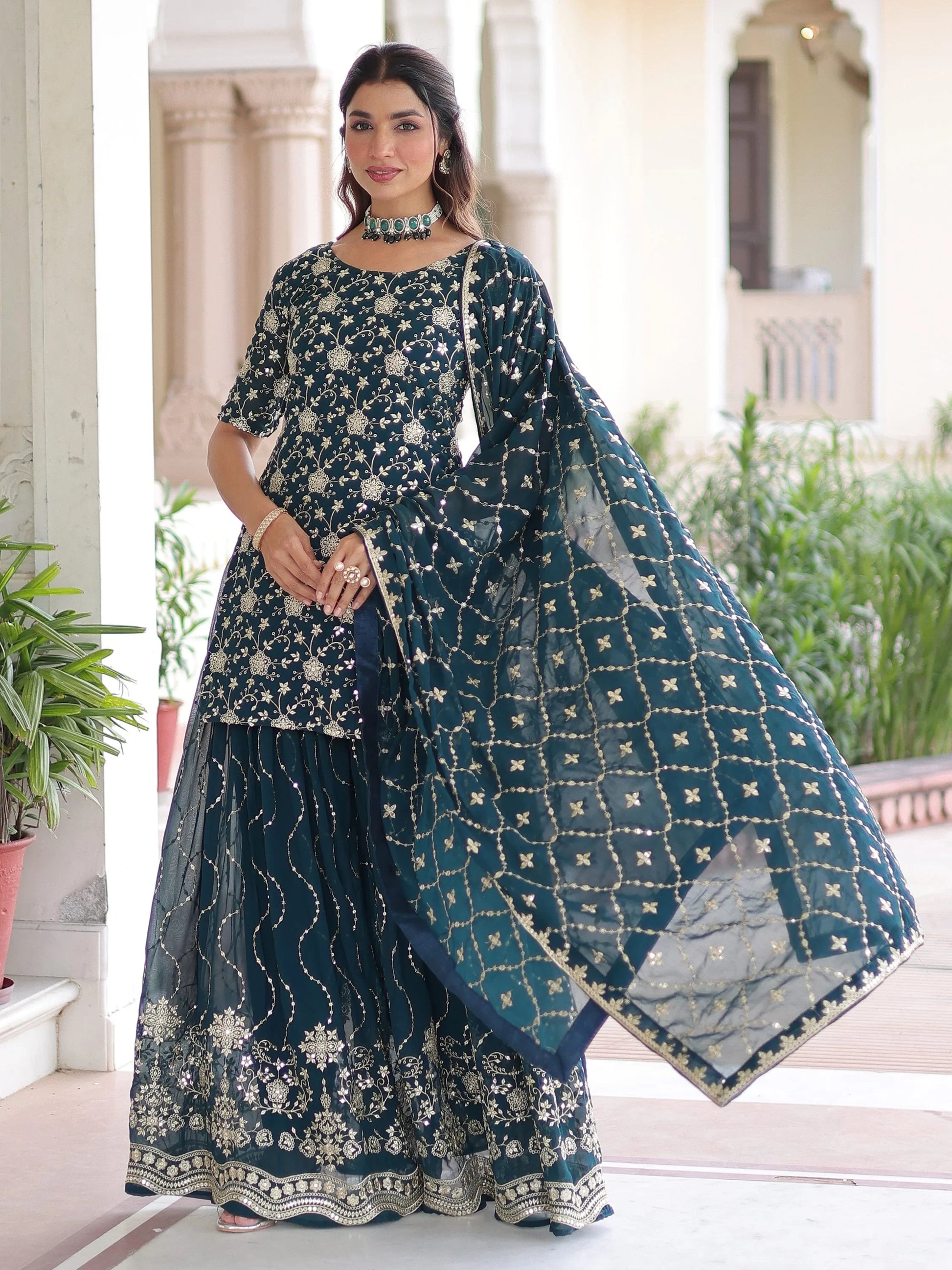 Amazeballs Teal Blue Embroidered Georgette Marraige Wear Sharara Suit With Dupatta