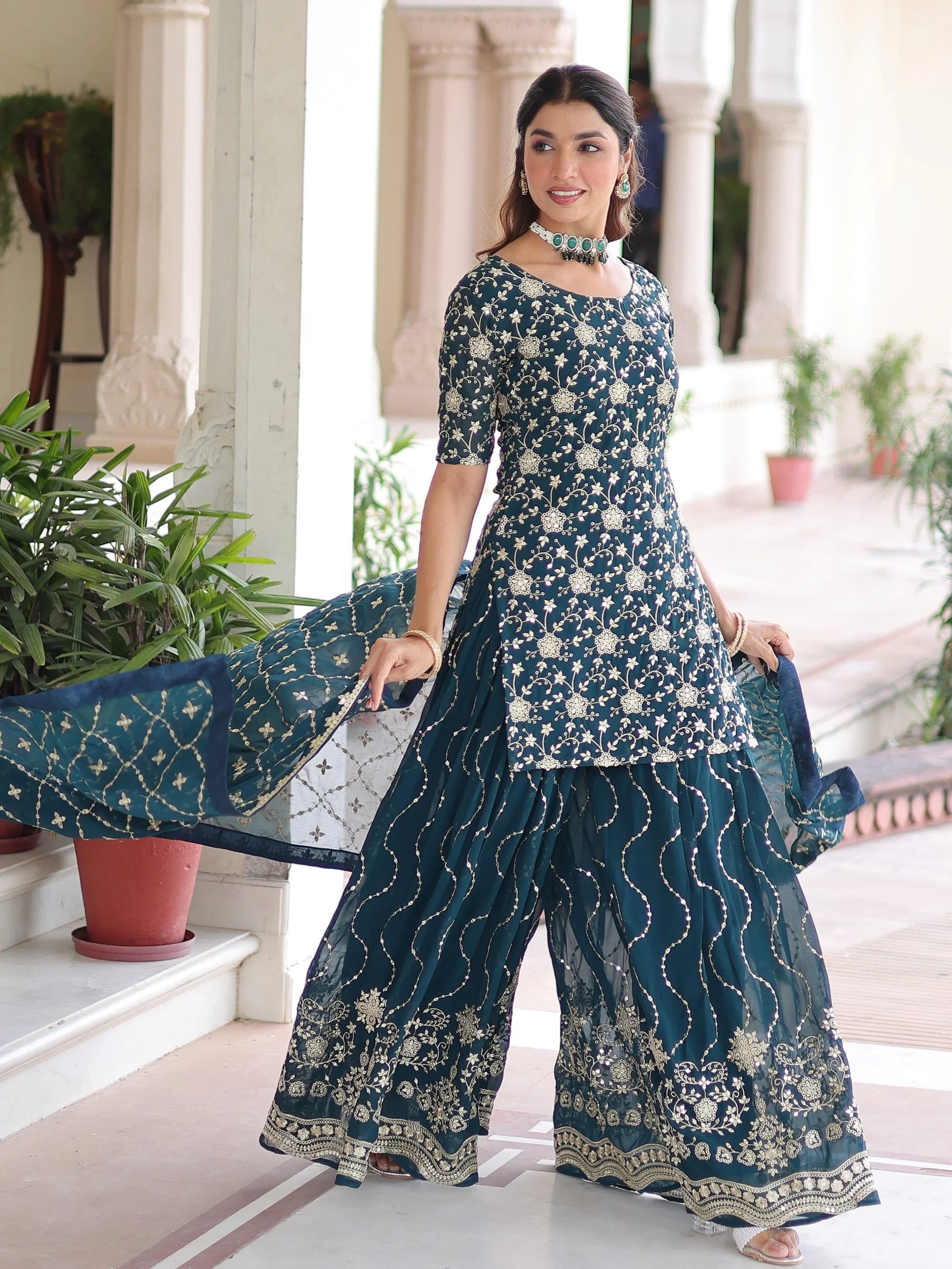 Amazeballs Teal Blue Embroidered Georgette Marraige Wear Sharara Suit With Dupatta