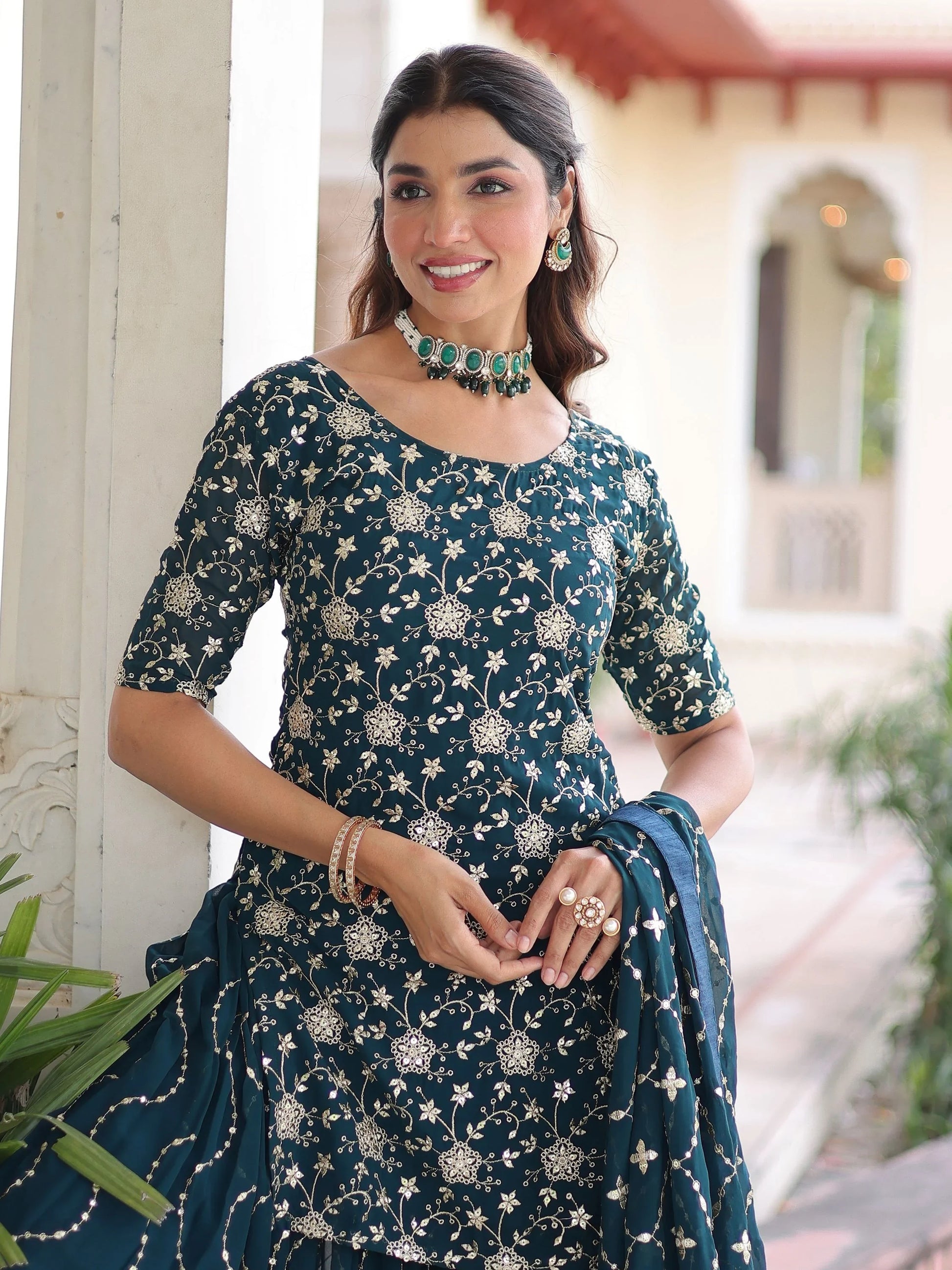 Amazeballs Teal Blue Embroidered Georgette Marraige Wear Sharara Suit With Dupatta