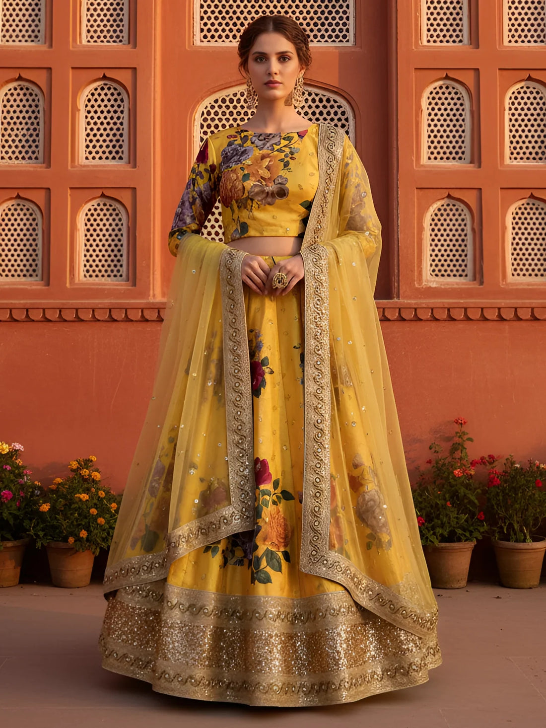 Amazeballs Yellow Floral Printed Silk Haldi Wear Lehenga Choli With Dupatta