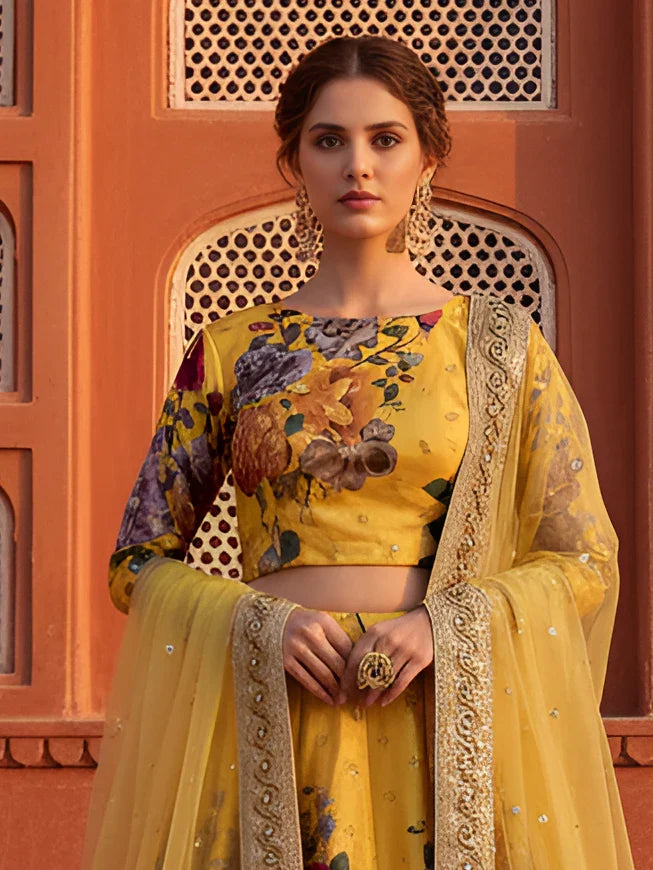 Amazeballs Yellow Floral Printed Silk Haldi Wear Lehenga Choli With Dupatta
