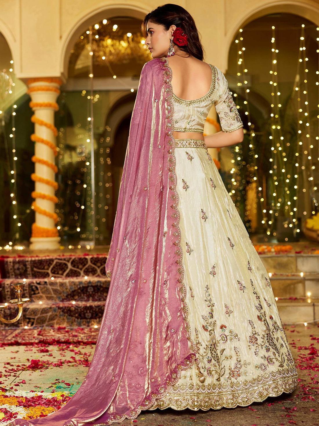 Amazing Beige Bead Embroidery Tissue Engagement Wear Lehenga Choli
