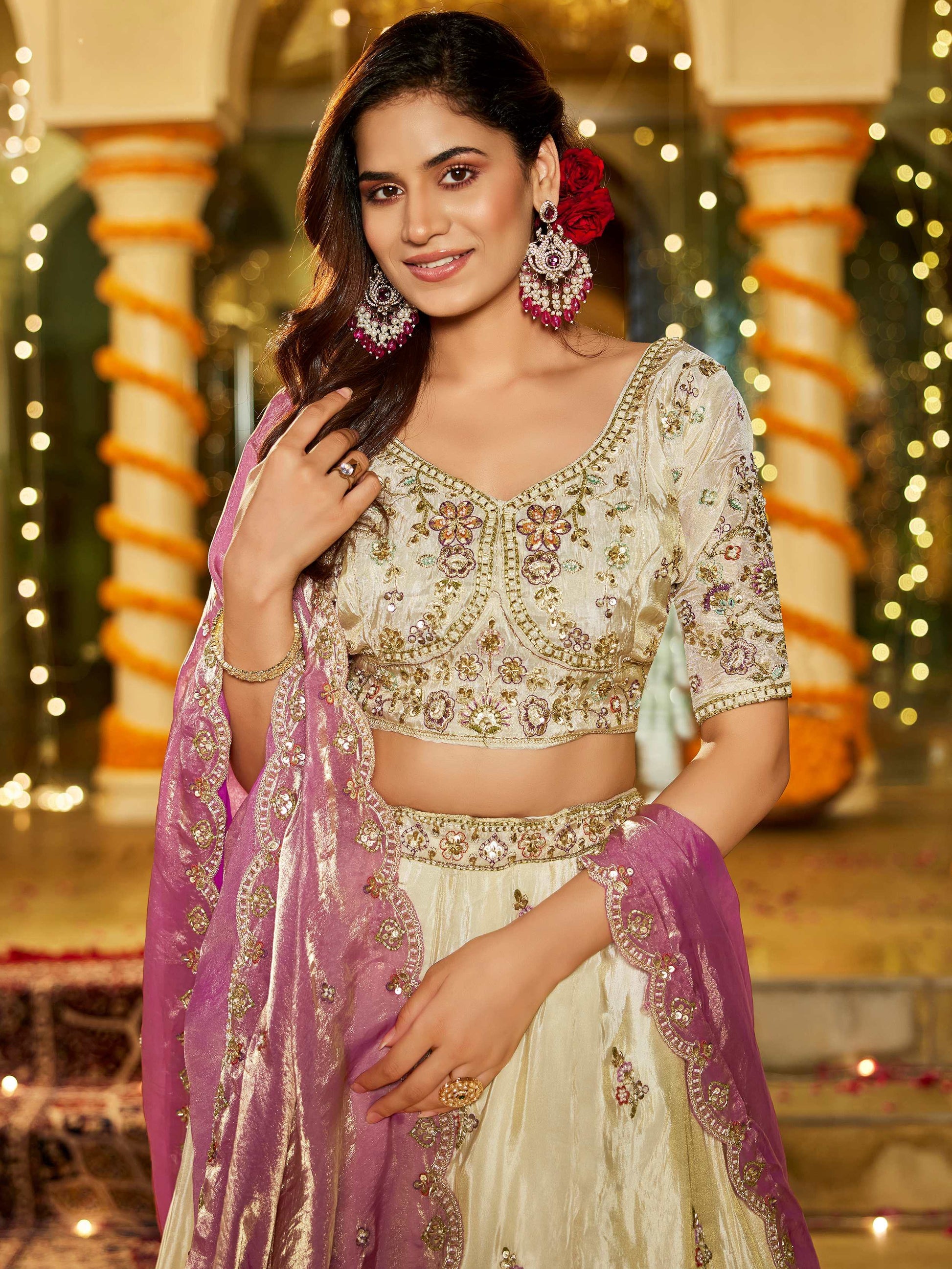 Amazing Beige Bead Embroidery Tissue Engagement Wear Lehenga Choli