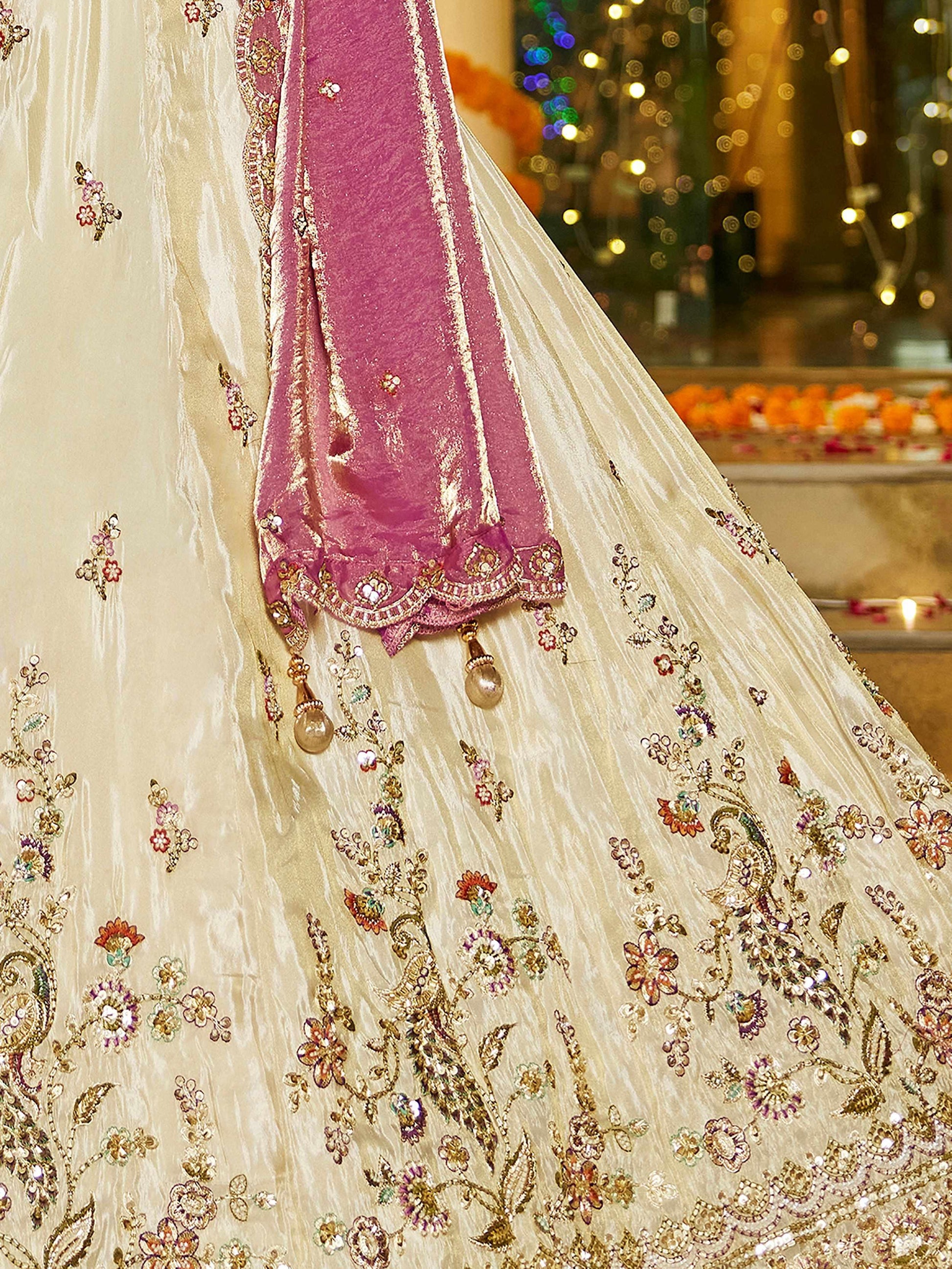 Amazing Beige Bead Embroidery Tissue Engagement Wear Lehenga Choli