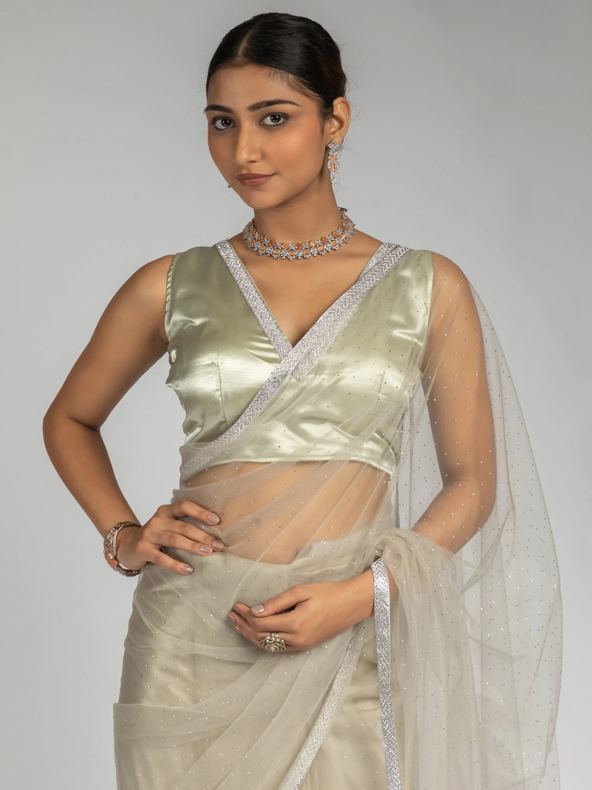 Amazing Beige Diamond Work Net Designer Pre-Stitched Saree With Blouse - Zeel Clothing