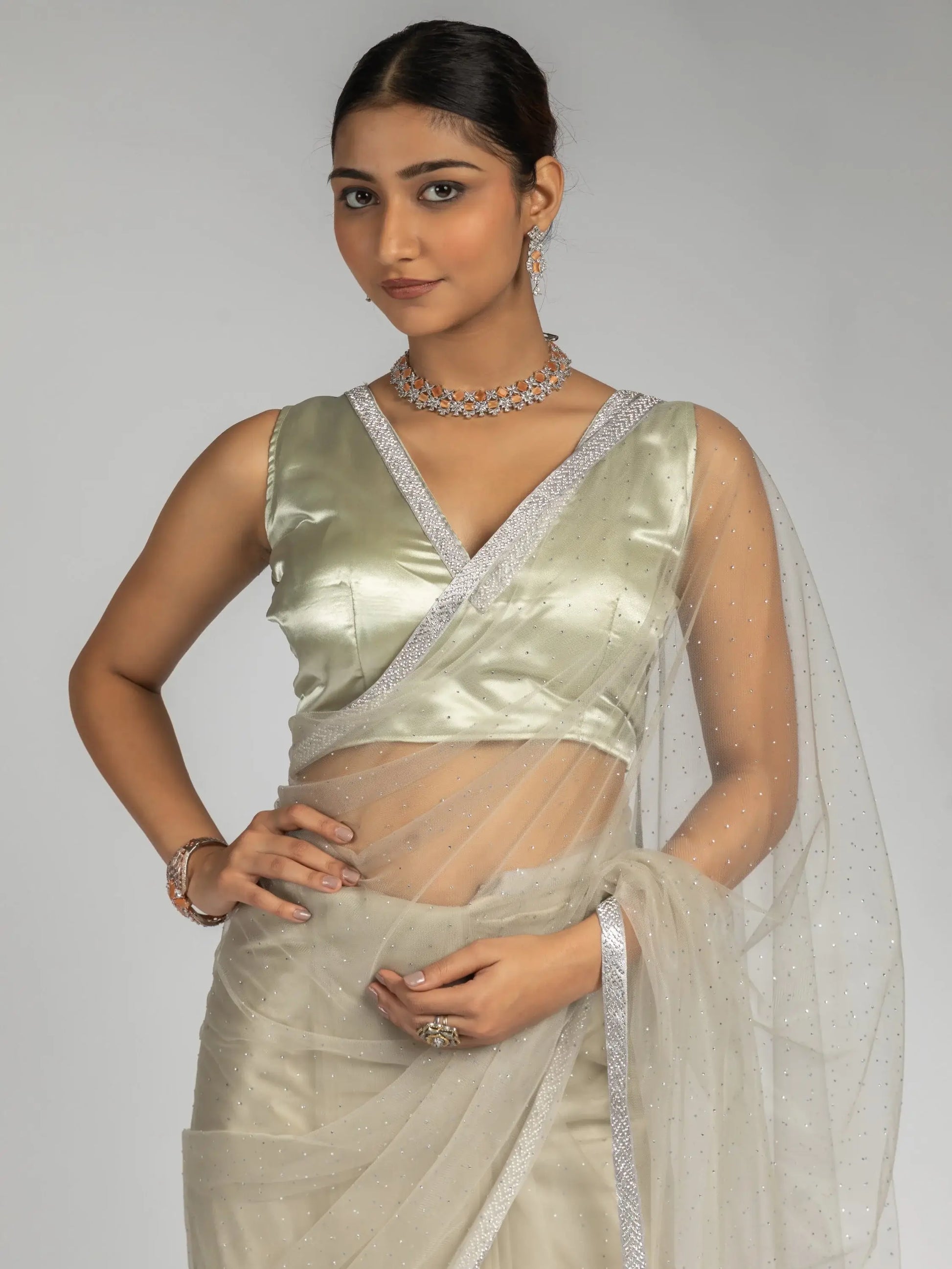 Amazing Beige Diamond Work Net Designer Pre-Stitched Saree With Blouse - Zeel Clothing