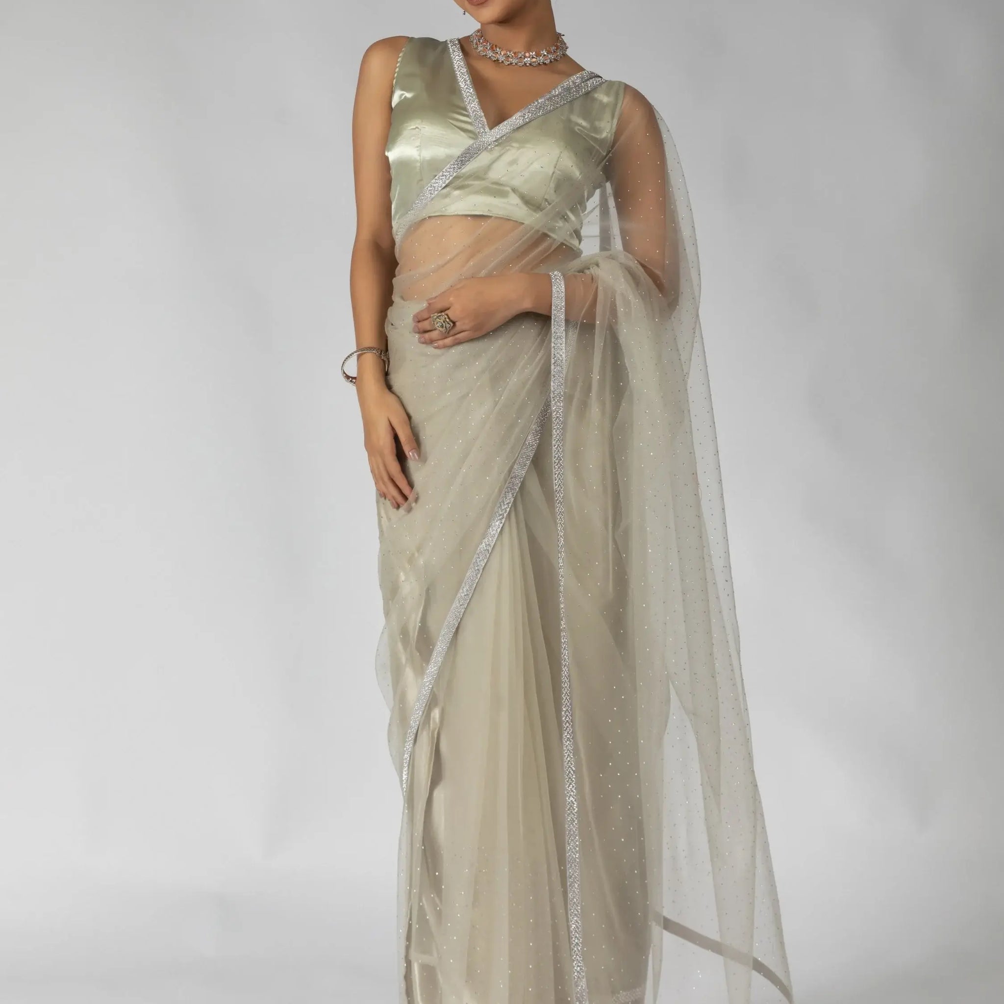 Amazing Beige Diamond Work Net Designer Pre-Stitched Saree With Blouse - Zeel Clothing