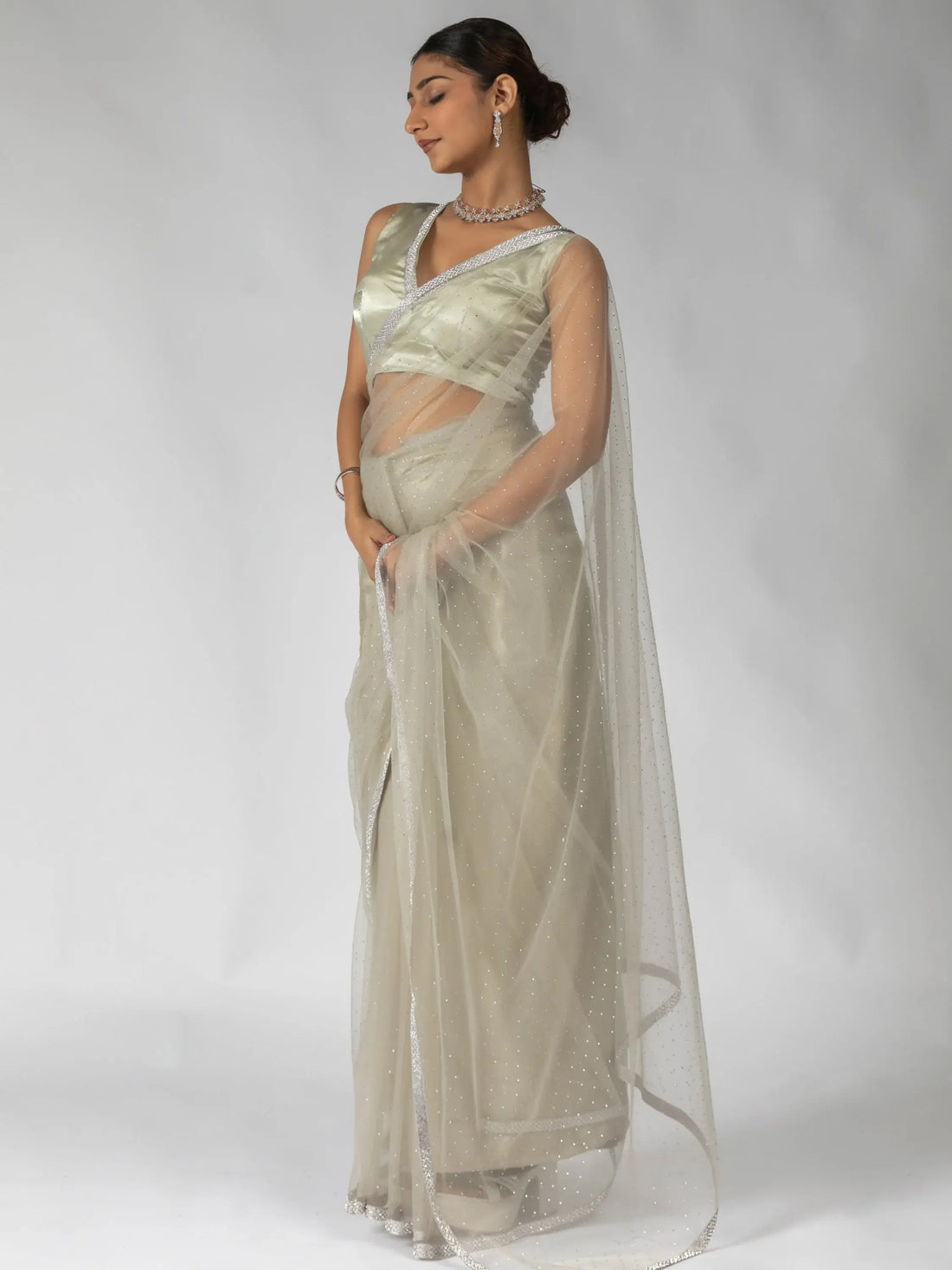 Amazing Beige Diamond Work Net Designer Pre-Stitched Saree With Blouse - Zeel Clothing