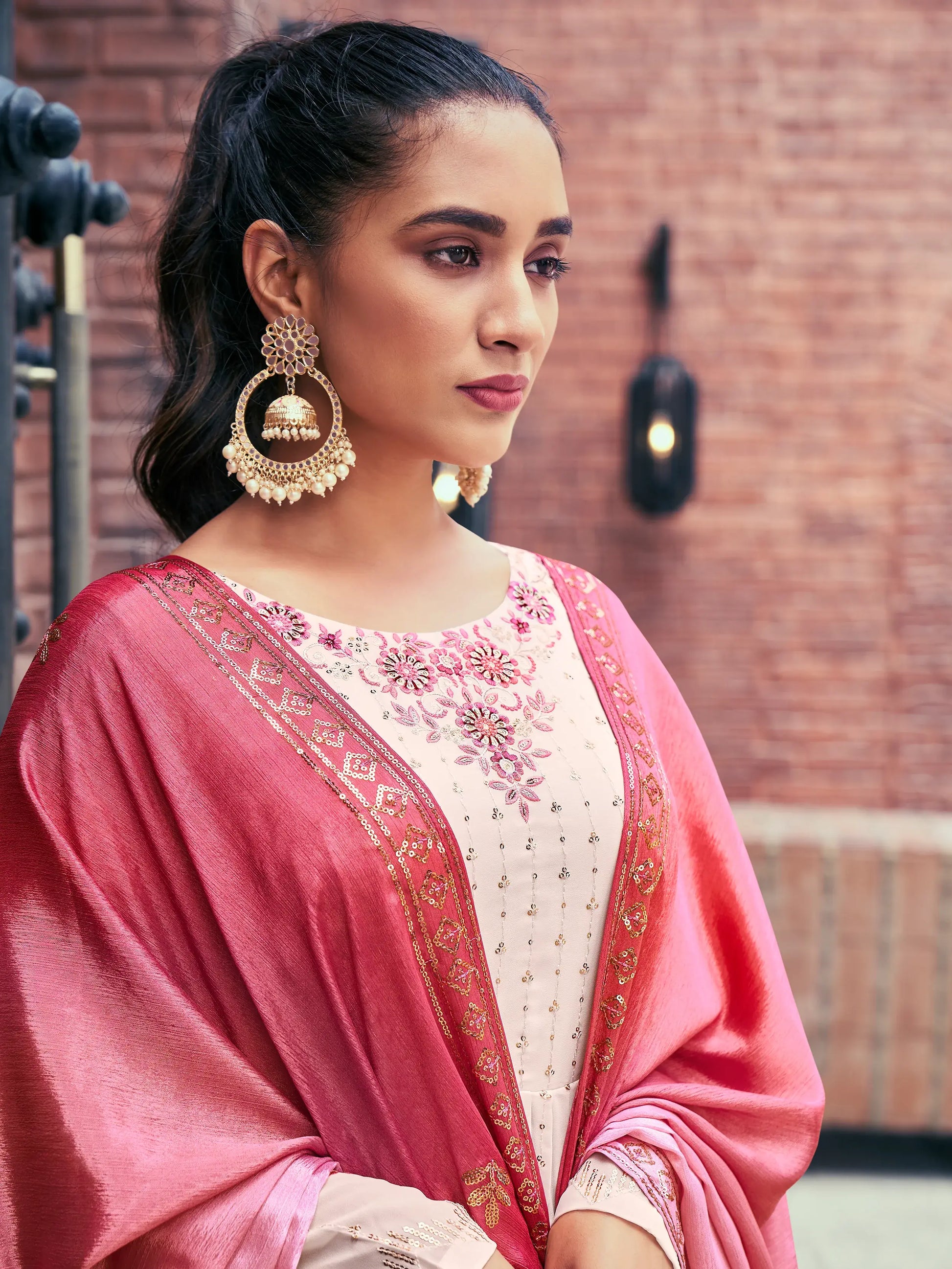 Amazing Beige Embroidered Georgette Readymade Palazzo Suit - Zeel Clothing