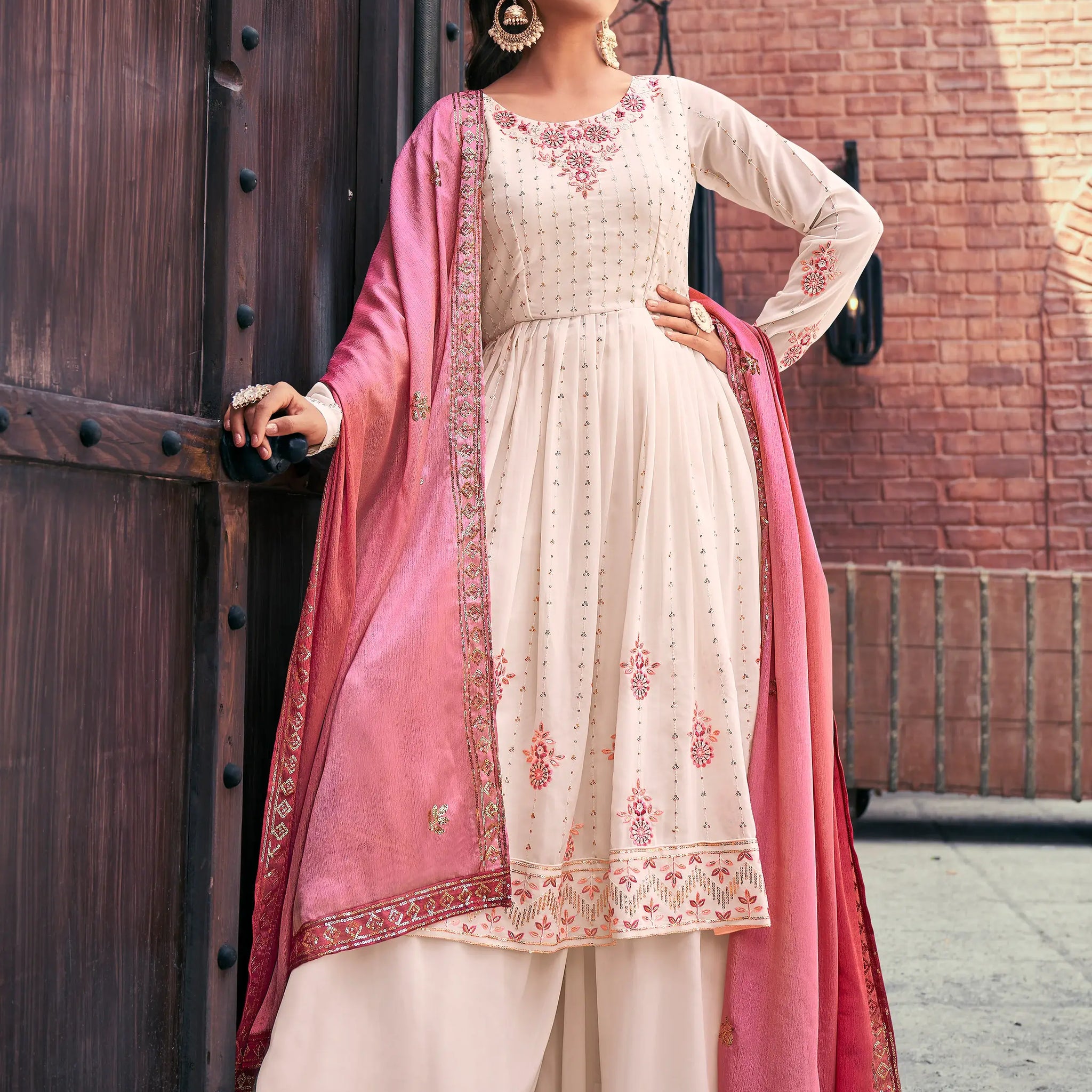 Amazing Beige Embroidered Georgette Readymade Palazzo Suit - Zeel Clothing