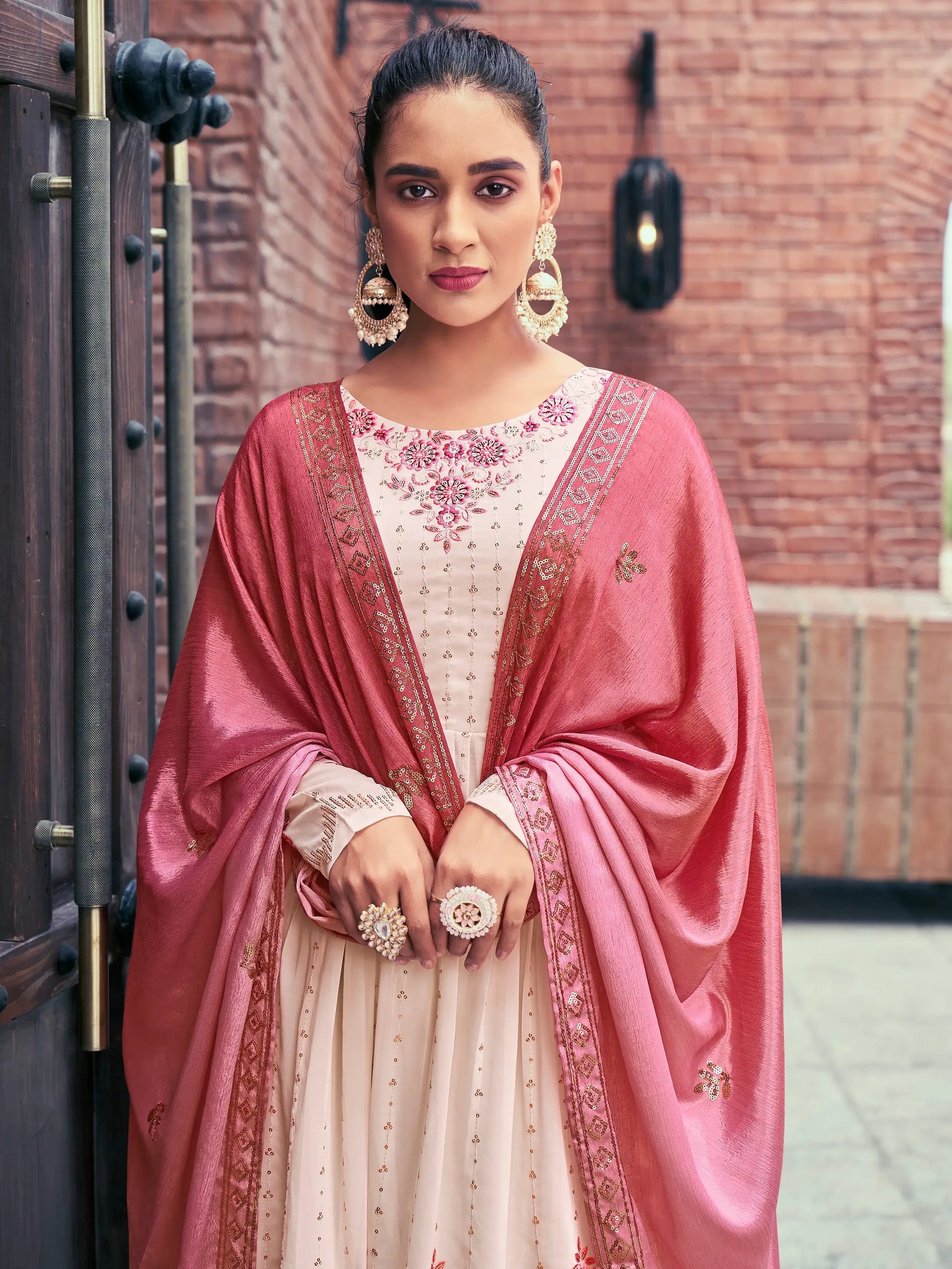 Amazing Beige Embroidered Georgette Readymade Palazzo Suit - Zeel Clothing
