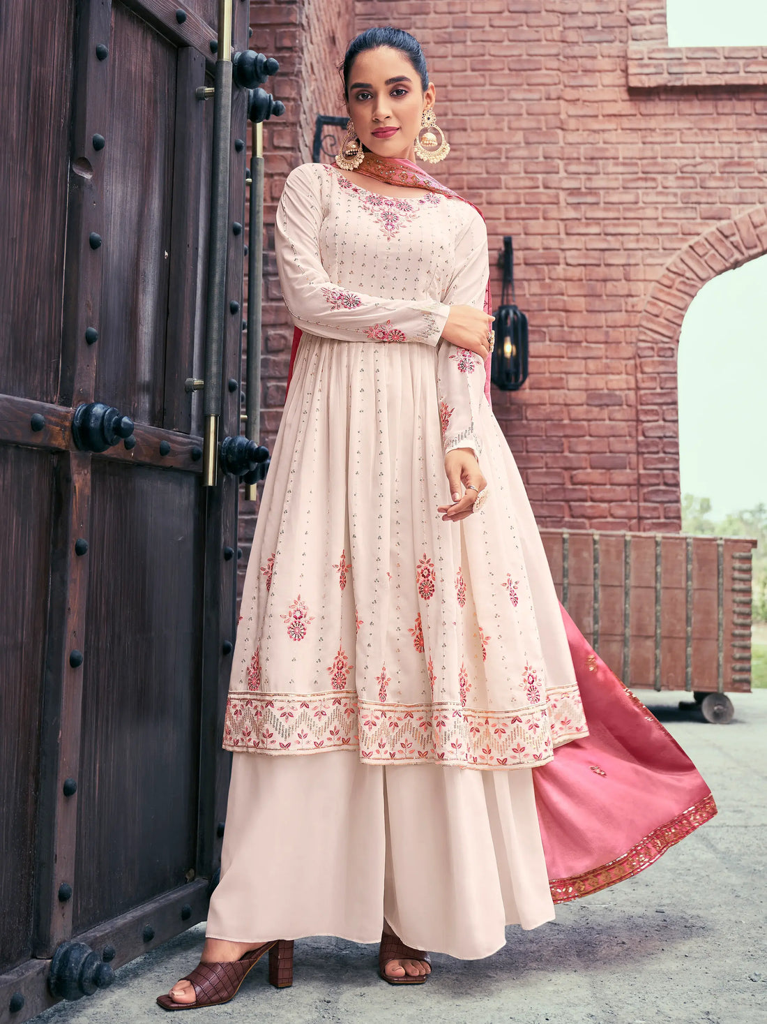 Amazing Beige Embroidered Georgette Readymade Palazzo Suit - Zeel Clothing