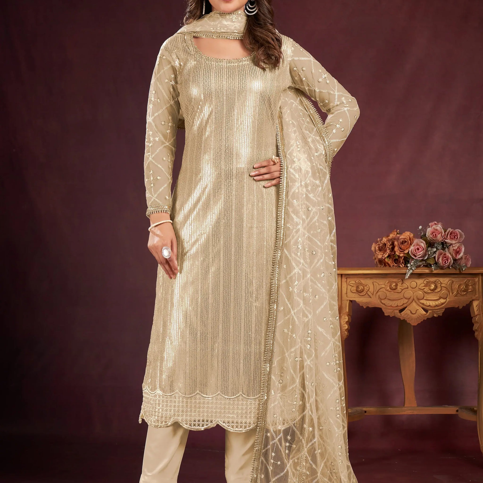 Amazing Beige Sequins Net Festive Wear Salwar Kameez With Dupatta - Zeel Clothing