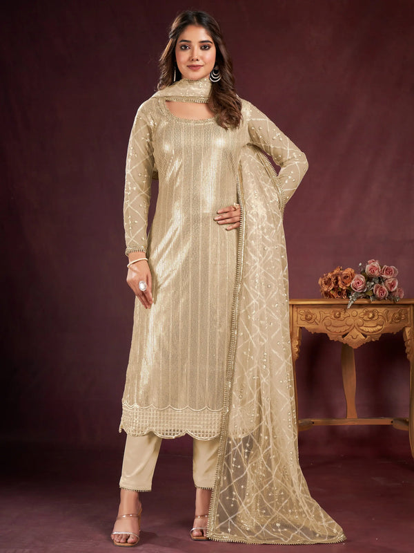 Amazing Beige Sequins Net Festive Wear Salwar Kameez With Dupatta - Zeel Clothing