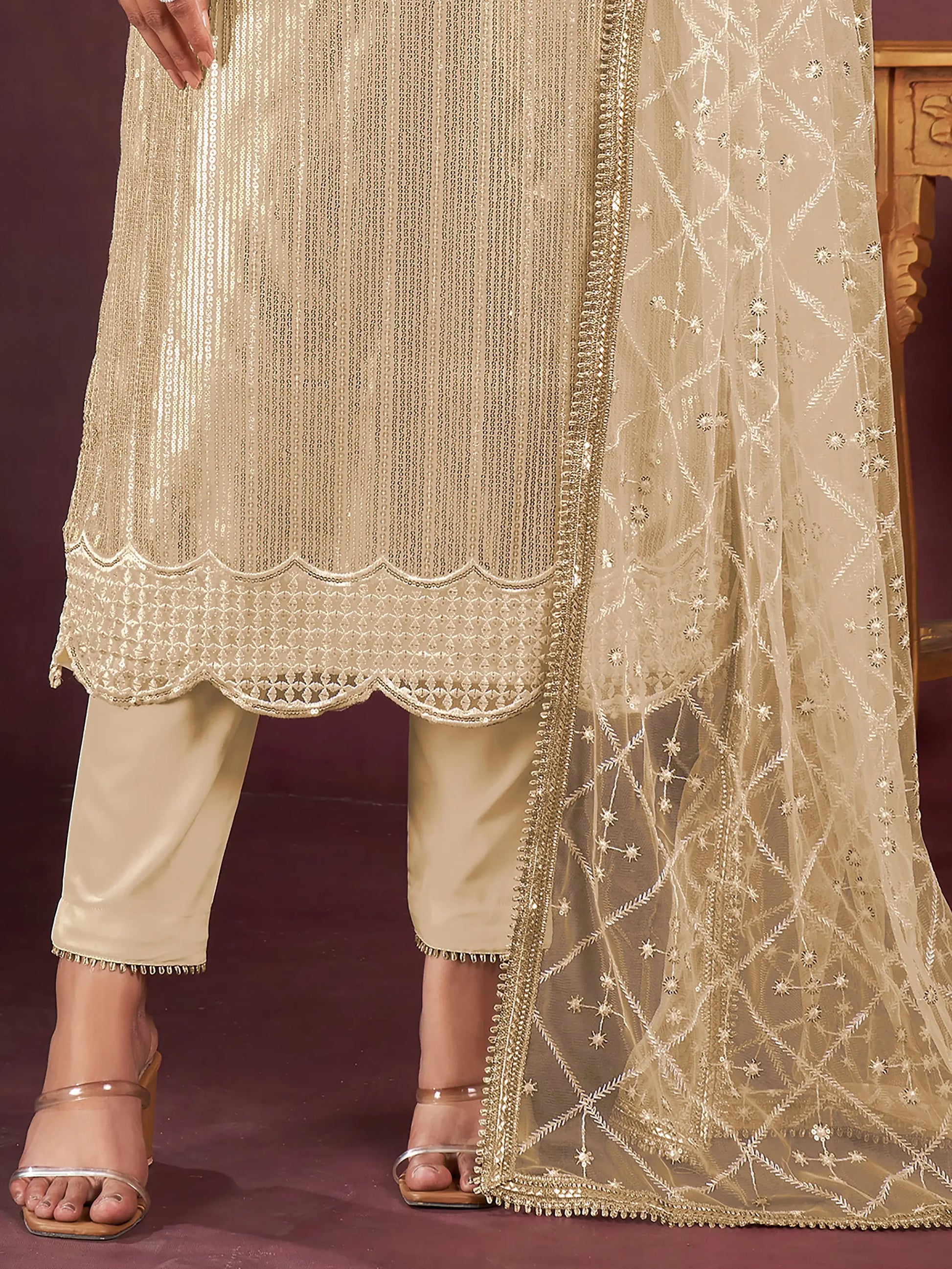 Amazing Beige Sequins Net Festive Wear Salwar Kameez With Dupatta - Zeel Clothing