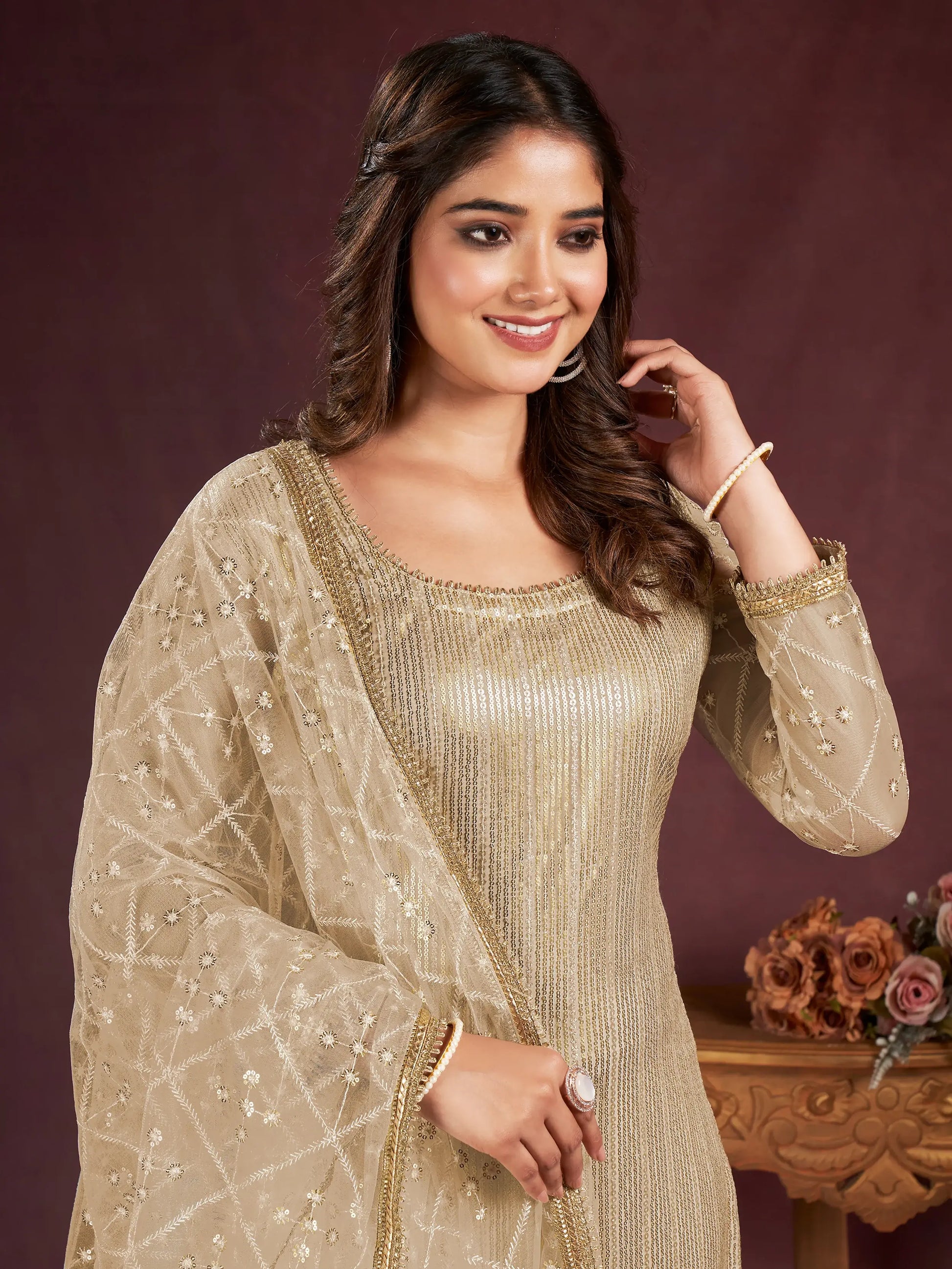 Amazing Beige Sequins Net Festive Wear Salwar Kameez With Dupatta - Zeel Clothing