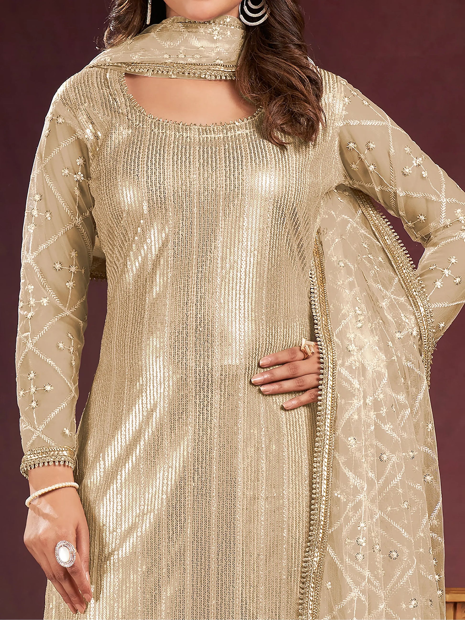 Amazing Beige Sequins Net Festive Wear Salwar Kameez With Dupatta - Zeel Clothing