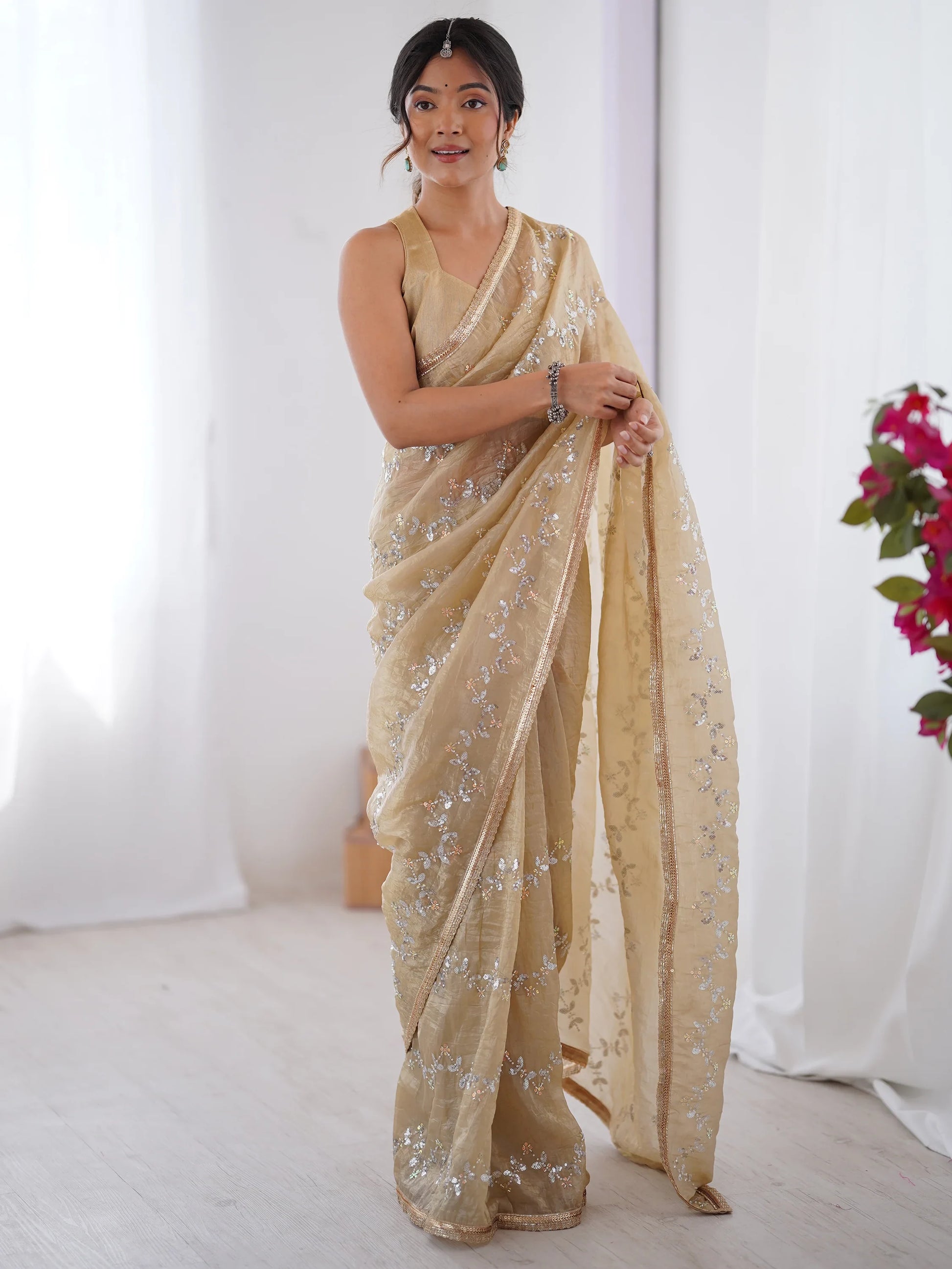 Amazing Beige Sequins Work Organza Party Wear Saree With Blouse - Zeel Clothing