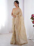 Amazing Beige Sequins Work Organza Party Wear Saree With Blouse - Zeel Clothing