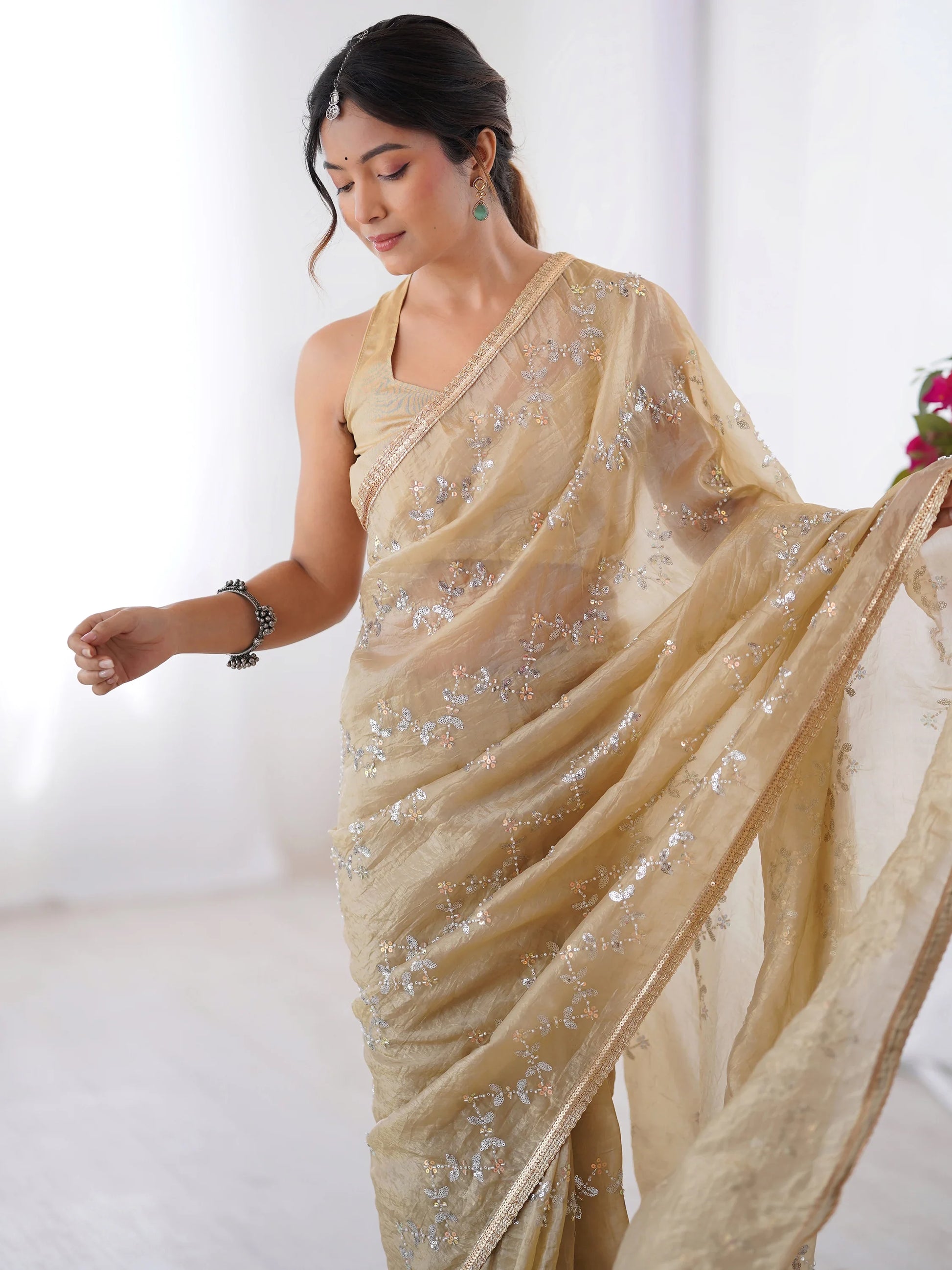 Amazing Beige Sequins Work Organza Party Wear Saree With Blouse - Zeel Clothing