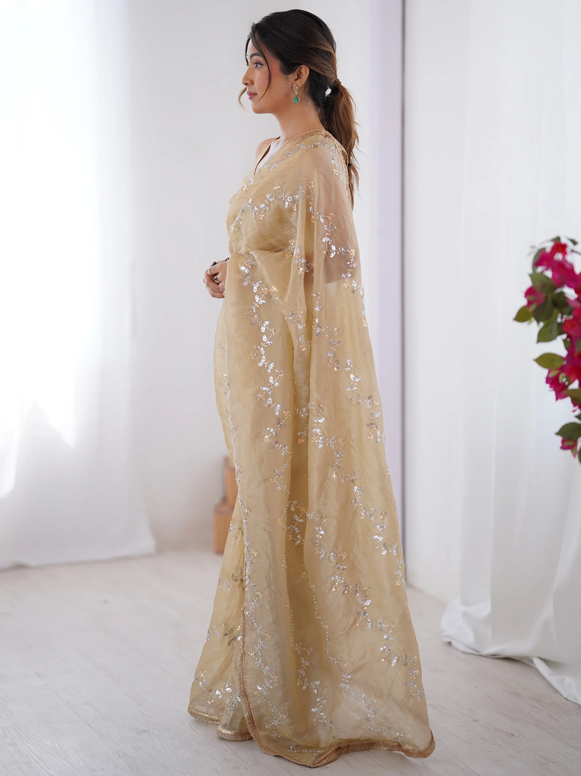 Amazing Beige Sequins Work Organza Party Wear Saree With Blouse - Zeel Clothing