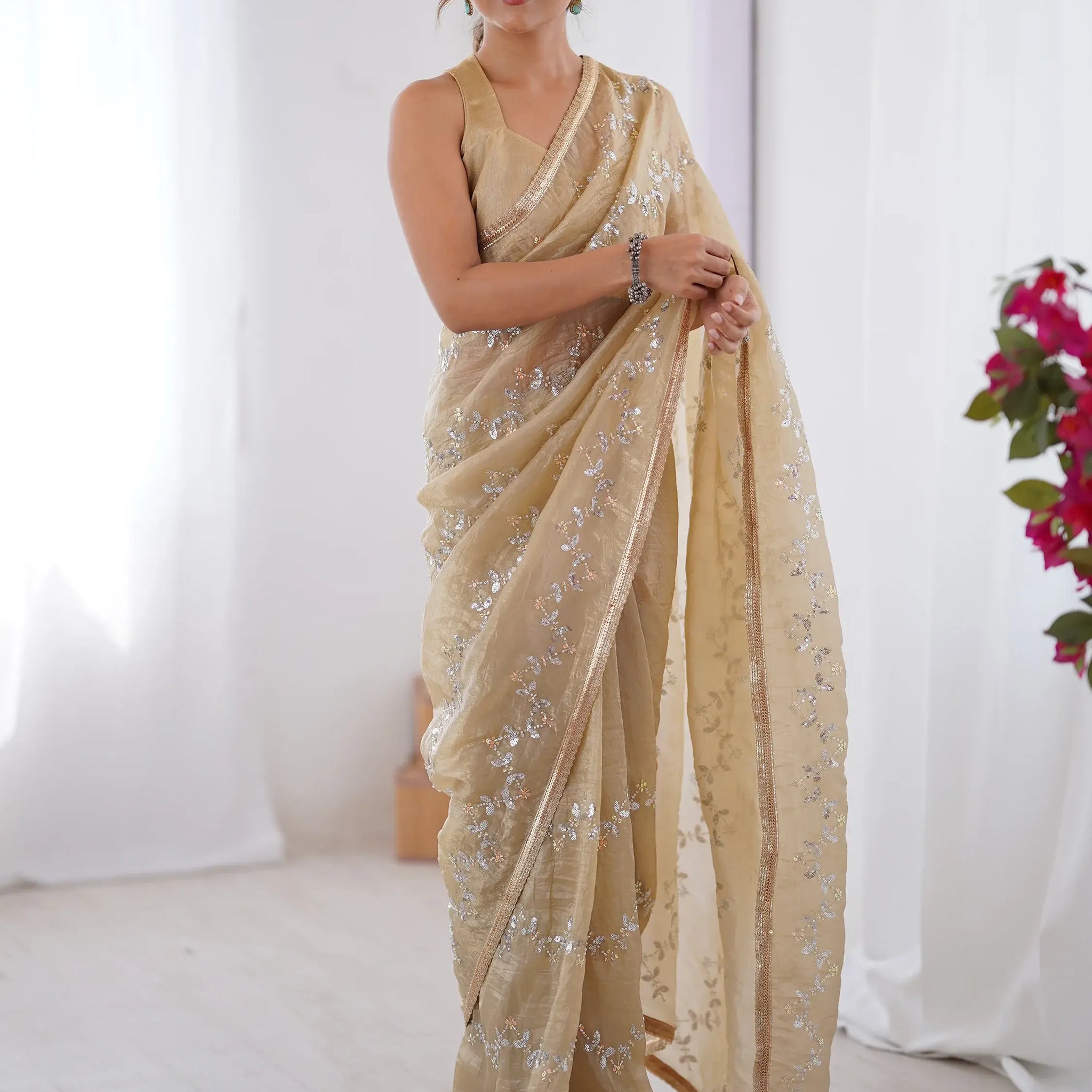 Amazing Beige Sequins Work Organza Party Wear Saree With Blouse - Zeel Clothing