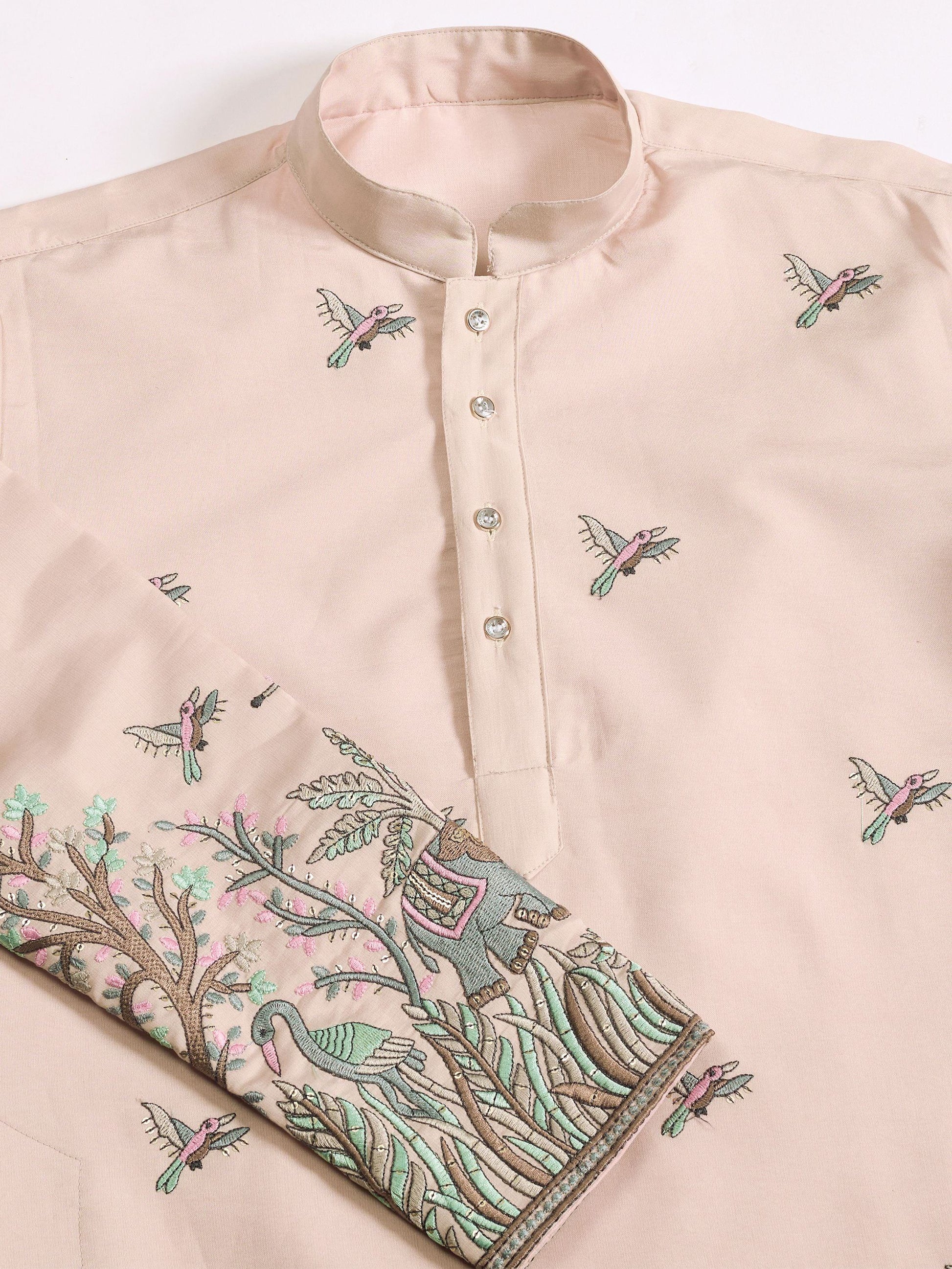 Amazing Beige Thread Work Viscose Silk Festive Wear Men Kurta